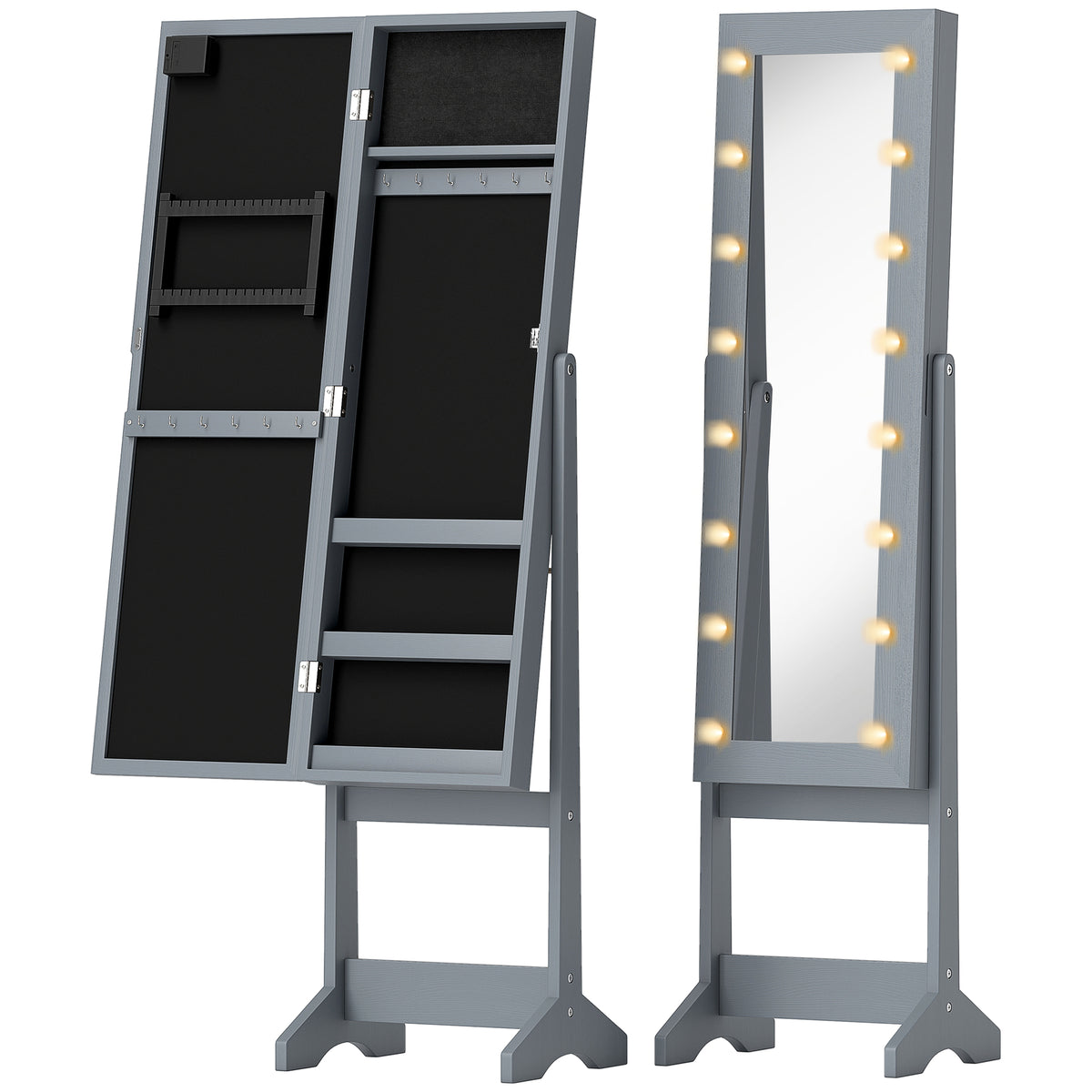 HOMCOM Free Standing Mirror Jewelry Cabinet with LED Lights, Jewellery Organiser with 3 Angle Adjustable, Full-Length Mirror with Storage for Earrings, Necklaces, Rings and Lipsticks, Grey