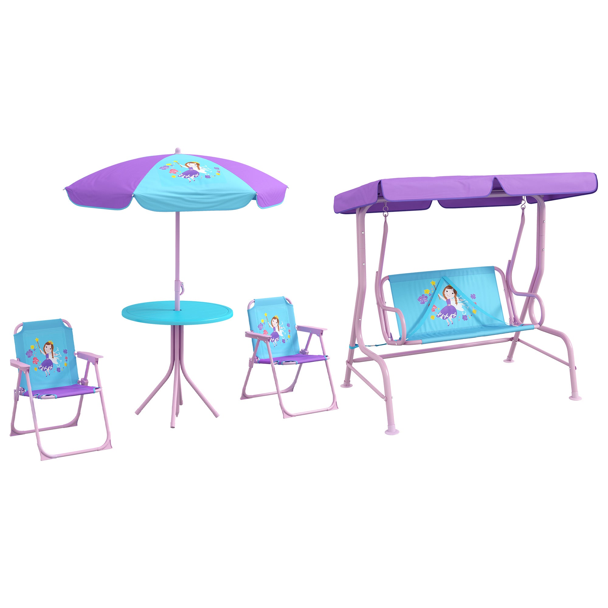 Outsunny 4PCs Kids Garden Furniture Set w/ 2 Seater Garden Swing Chair with Adjustable Canopy, Childrens Table and Chair Set with Parasol, for Toddler Girls 3-6 Years Old - North Peak Garden Furniture
