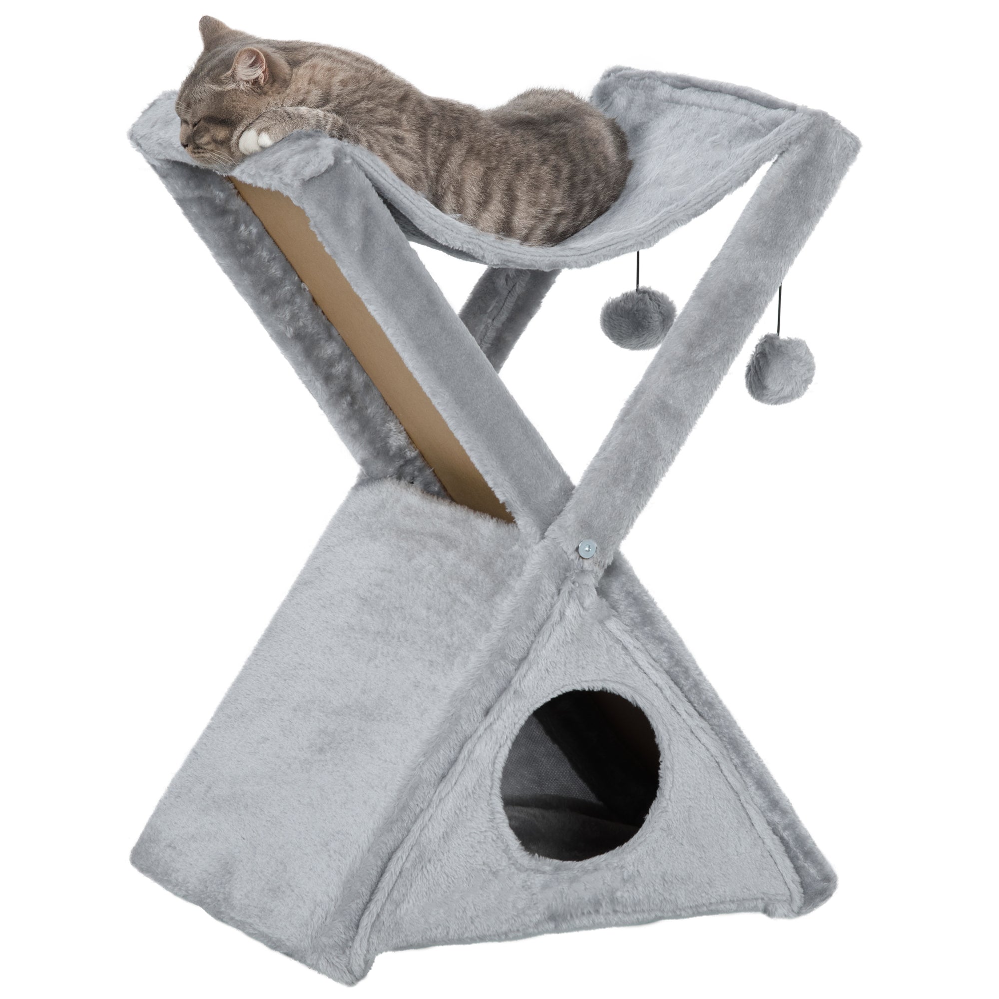 PawHut Two Tier Cat Tree for Indoor Cats Play Rest Activity Tower Plush Folding Relax Center w/ Scratching Post Hammock Pom Poms Grey - North Peak Garden Furniture