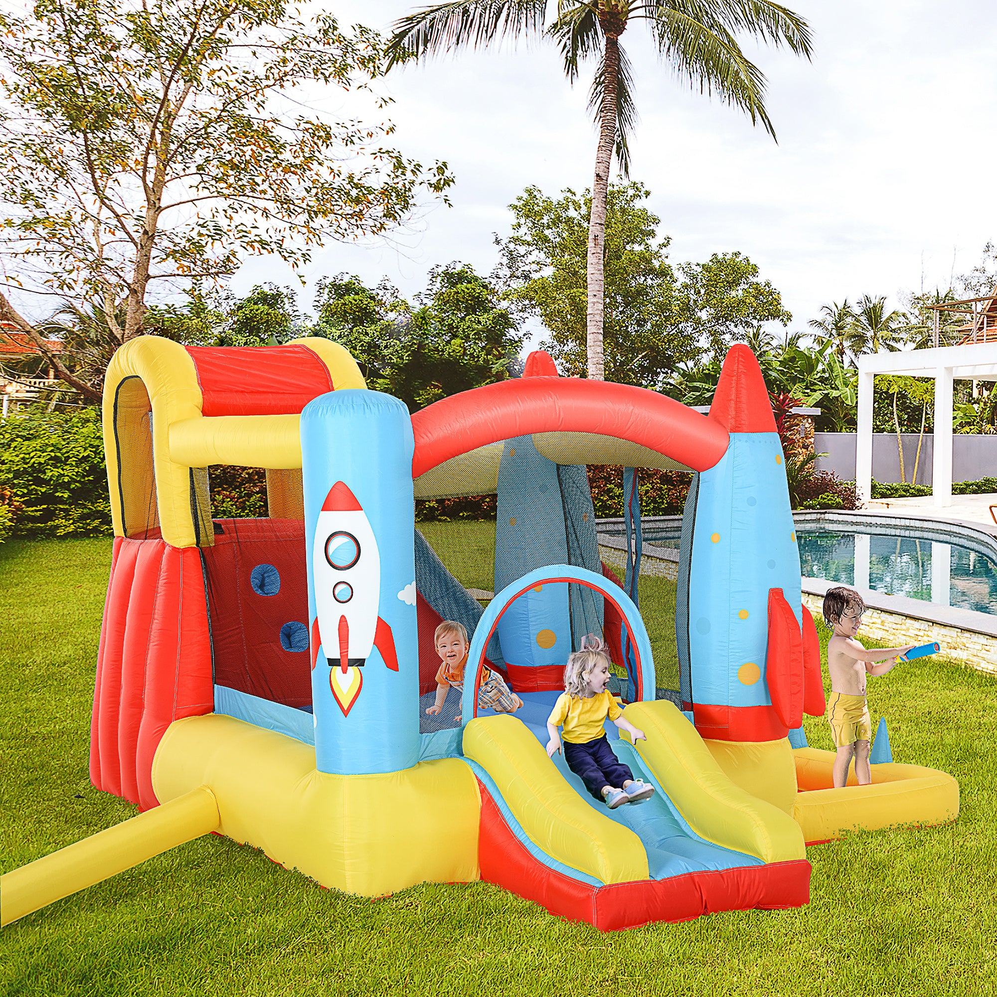Outsunny Bounce Castle Inflatable Trampoline Slide Pool Rocket Design 3.4 x 2.8 x 1.85m - North Peak Garden Furniture