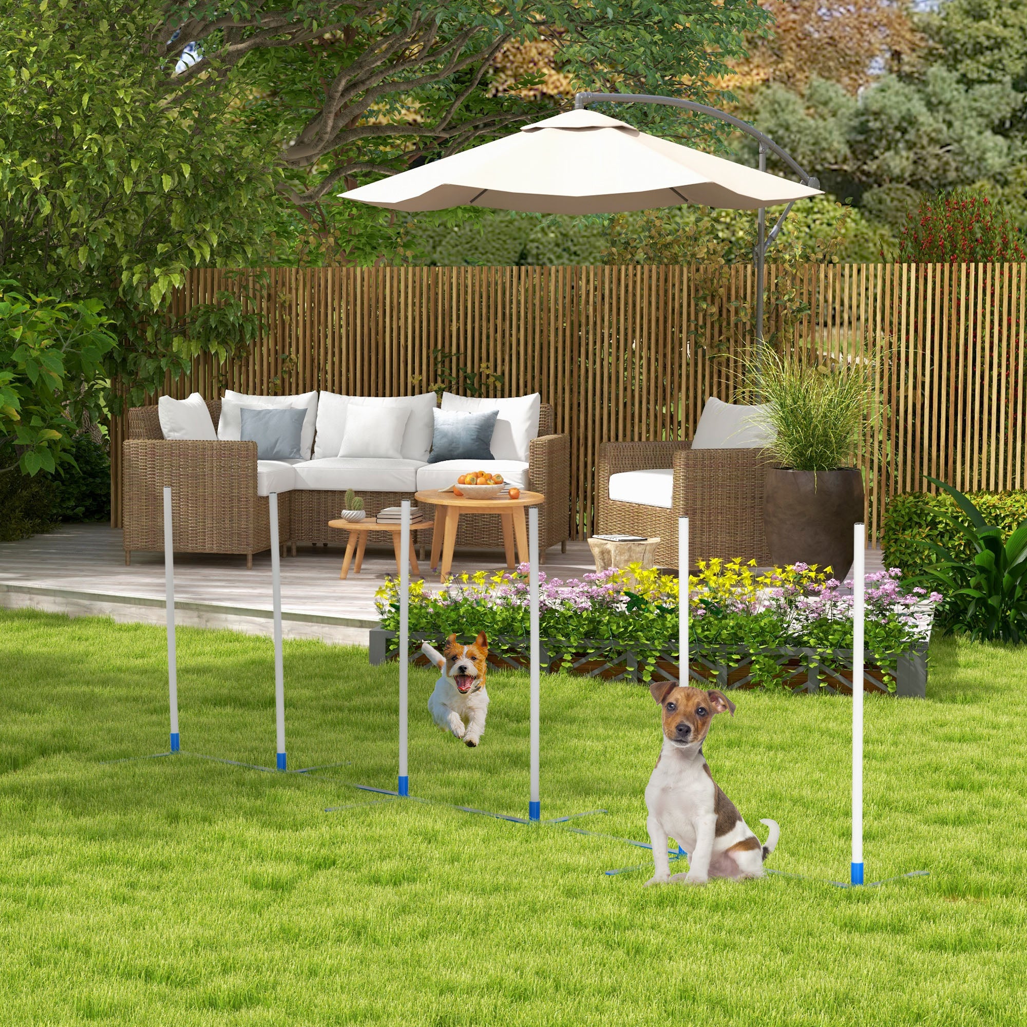 PawHut Dog Agility Equipment Training Adjustable Obstacle Course Set with 6 Weaves Poles Storage Bag for Pet Outdoor Games Exercise - North Peak Garden Furniture