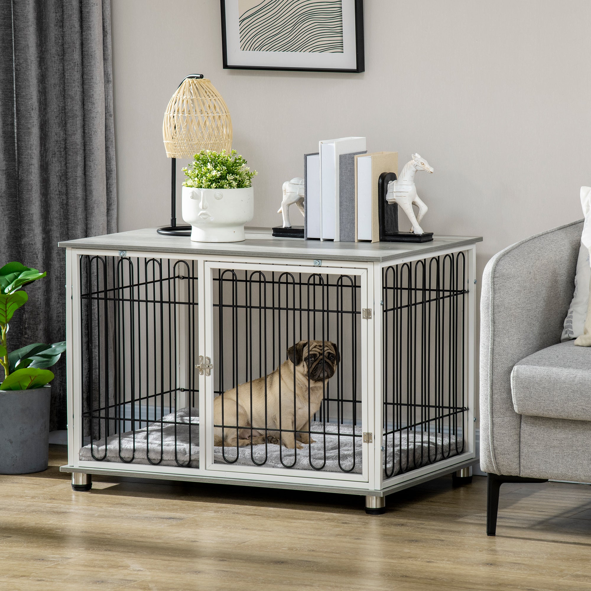 PawHut Indoor Dog Crate Furniture, Side End Table, with Soft Washable Cushion, Lockable Doors, for Small and Medium Dogs - North Peak Garden Furniture