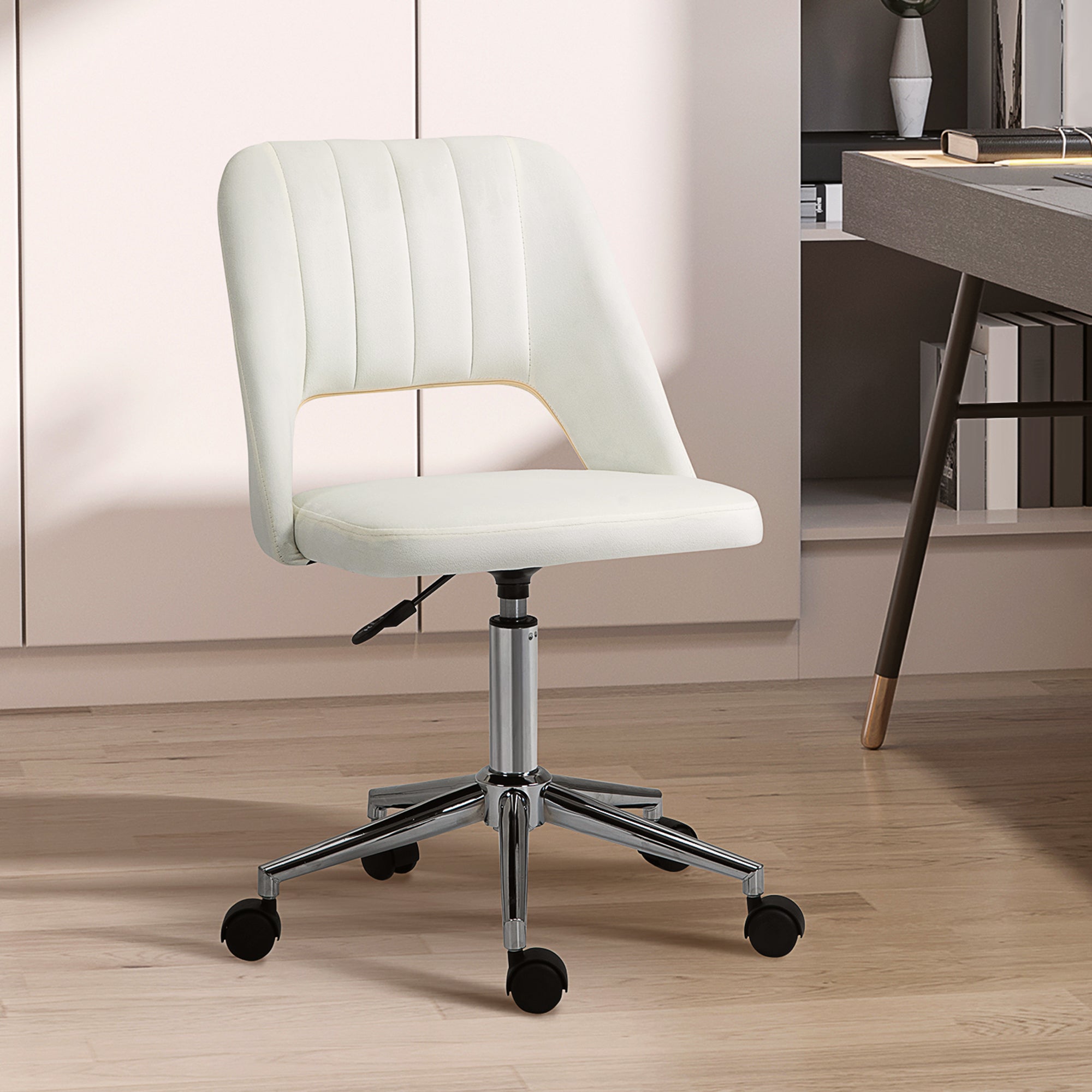 Vinsetto Armless Velvet-Feel Office Chair - Cream White - North Peak Garden Furniture