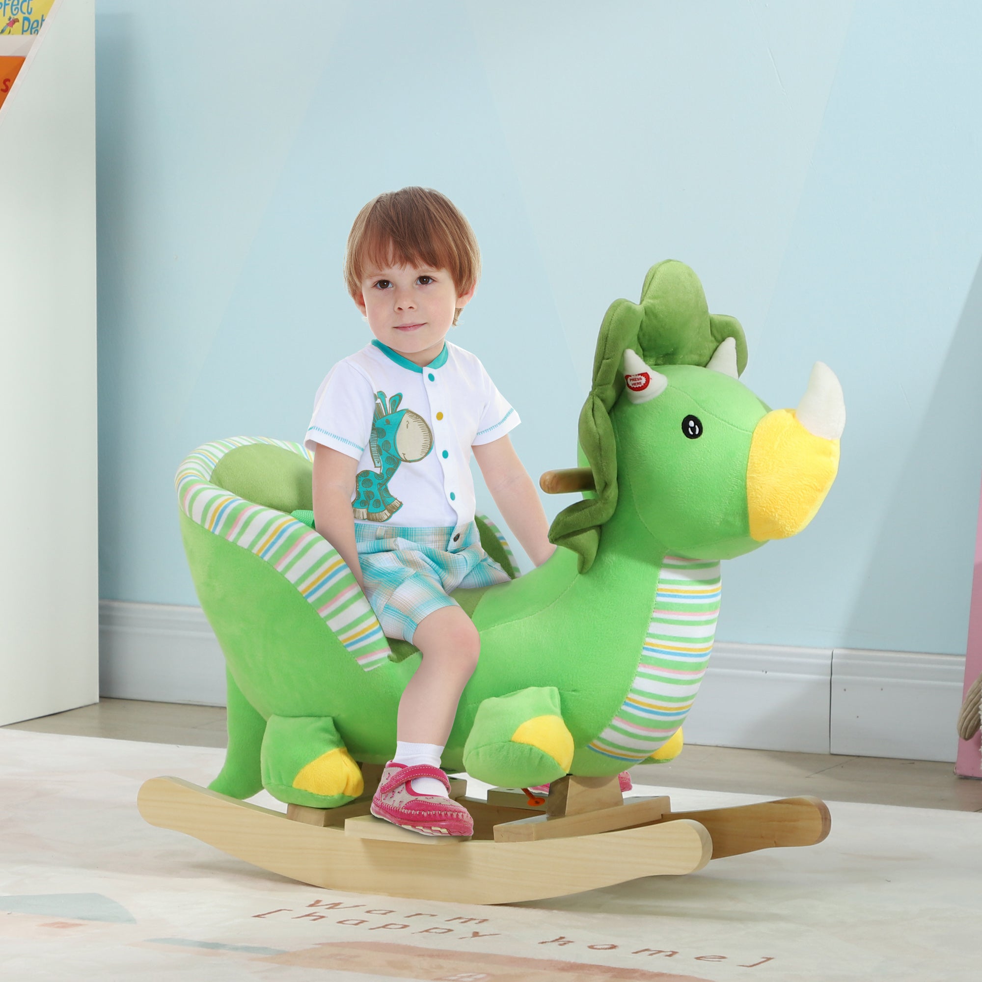 AIYAPLAY Baby Rocking Dinosaur with Animal Sounds, Safety Belt, Wooden Base, for Toddlers 18-36 Months, Green - North Peak Garden Furniture