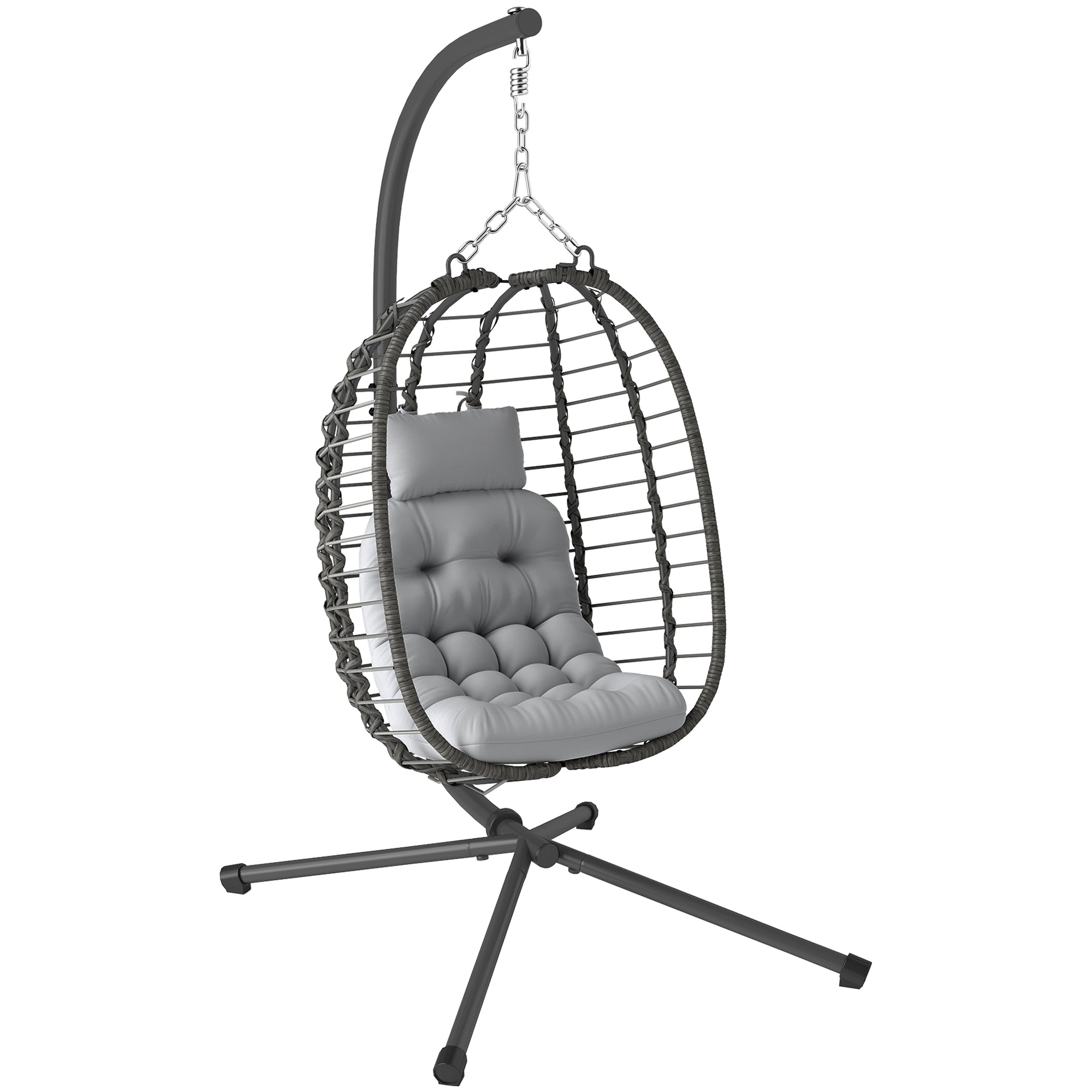 Outsunny Rattan Hanging Egg Chair, Foldable Wicker Hammock Swing Chair with Cushion, Stand, Adjustable Height, Head Pillow, Steel Frame for Garden Patio Indoor Outdoor, Light Grey - North Peak Garden Furniture