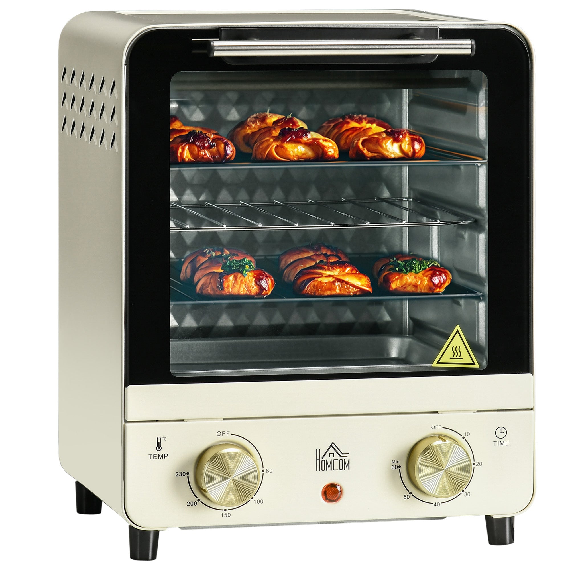 HOMCOM Mini Oven, 15 Litres Electric Oven and Grill with 60-230℃ Adjustable Temperature, 60 Minute Timer, Include Baking Tray, Wire Rack and Crumb Tray, 1000W, Cream White - North Peak Garden Furniture