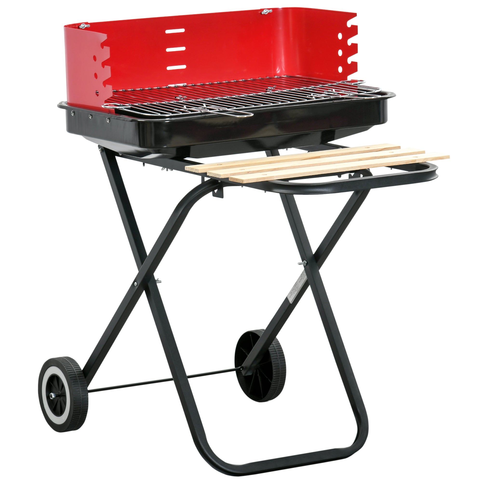 Outsunny Charcoal Trolley BBQ Barbecue Grill Patio Camping Picnic Garden Party Outdoor Cooking with Windshield, Wheels Side Trays, Black/Red - North Peak Garden Furniture