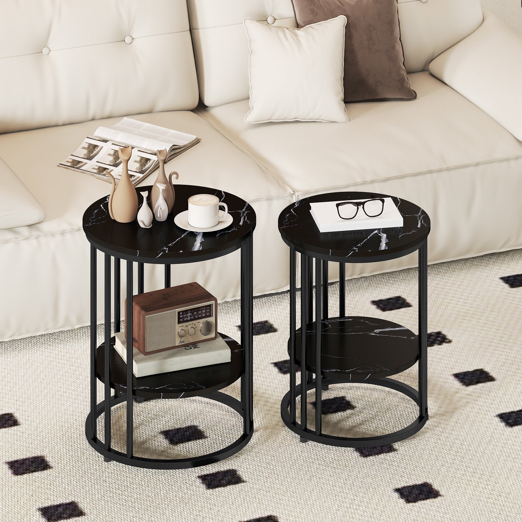 HOMCOM Set of Two Marble-Effect Coffee Tables - Black