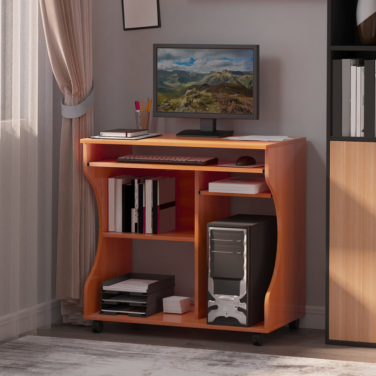 HOMCOM Multi-Storage Compact Work Desk, with Wheels - Cherry Wood Colour