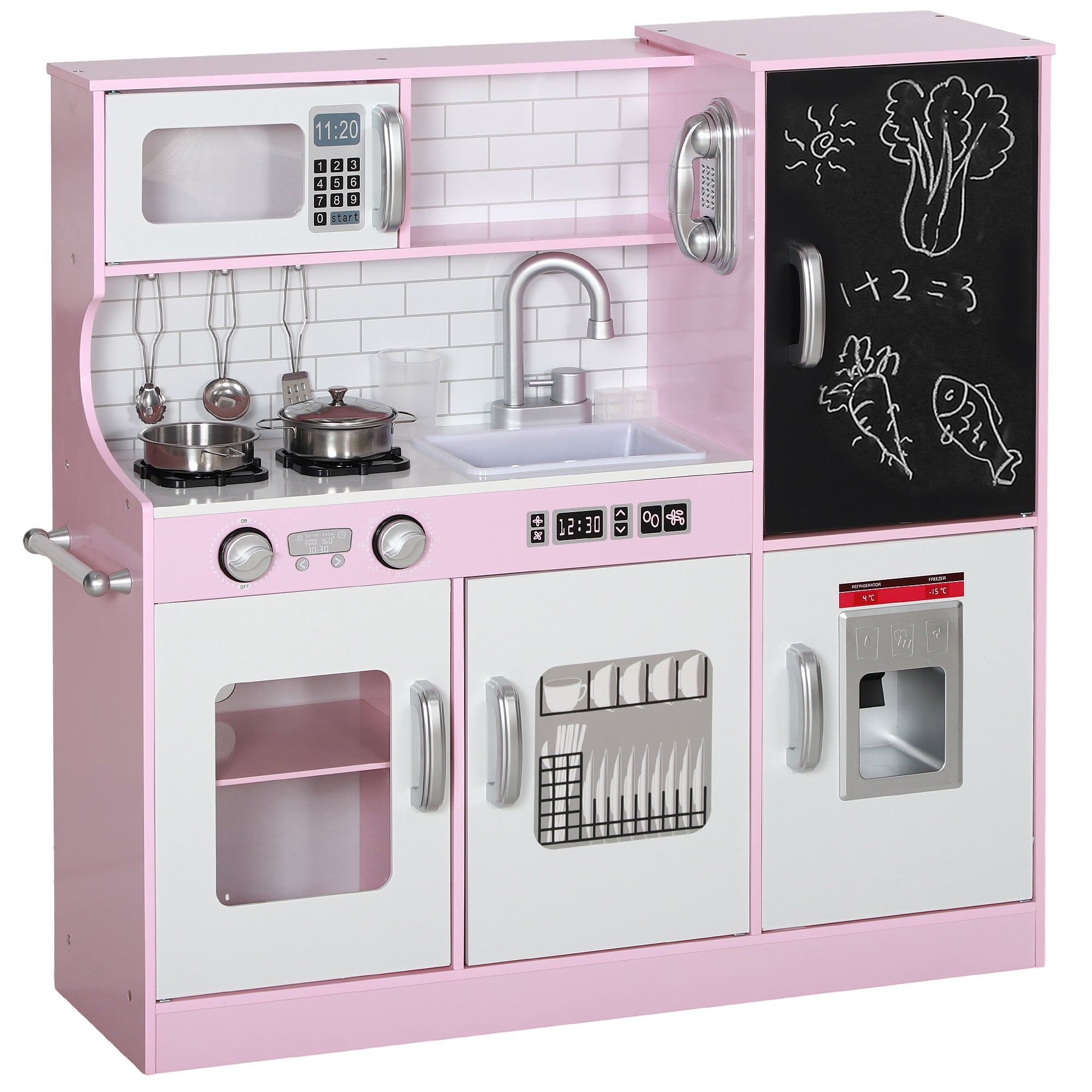 AIYAPLAY Pretend Play Kitchen Kids Kitchen Playset w/ Toy Phone, Chalkboard, Microwave, Cooking Stove, Sink - North Peak Garden Furniture