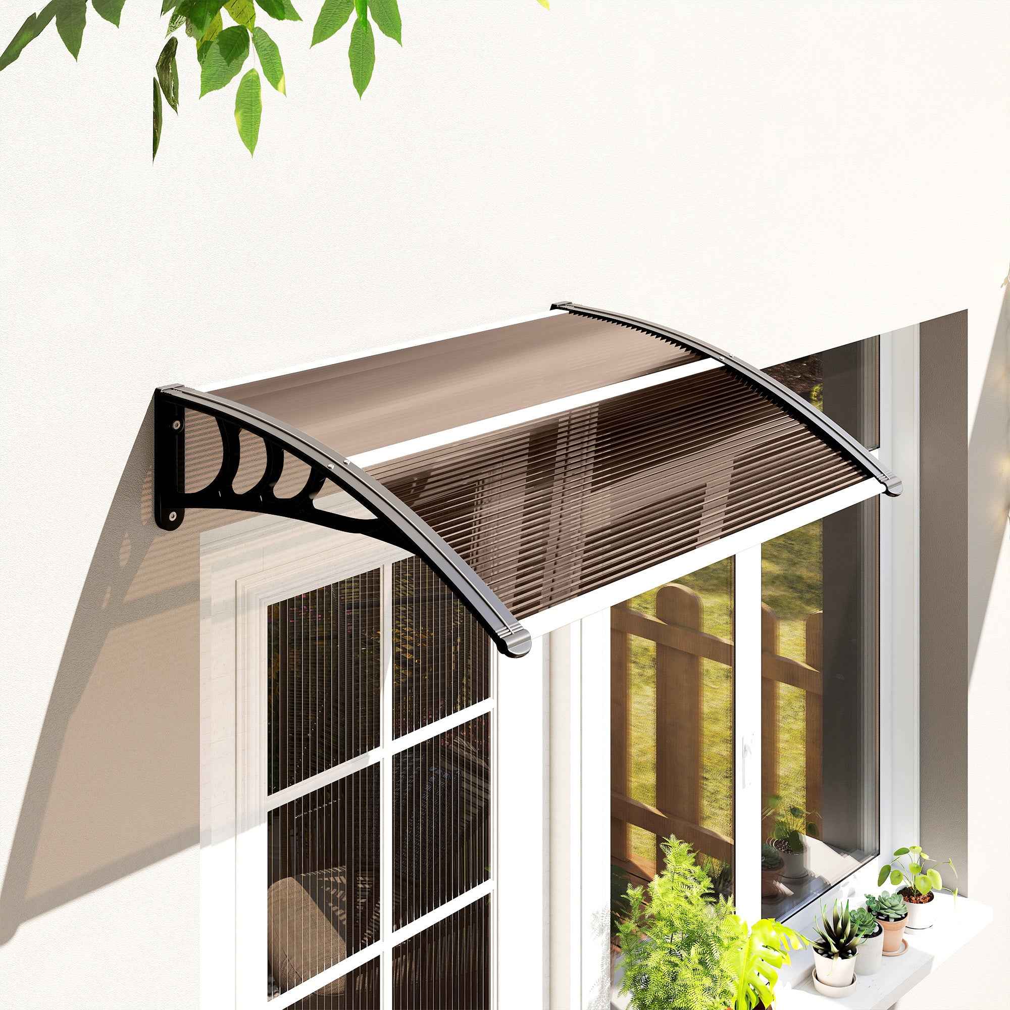 Outsunny Curved Window Door Canopy Aluminium Rigid Plastic Polycarbonate Fixed Outdoor Awning Modern Design UV Water Rain Resist 120 x 75cm Brown