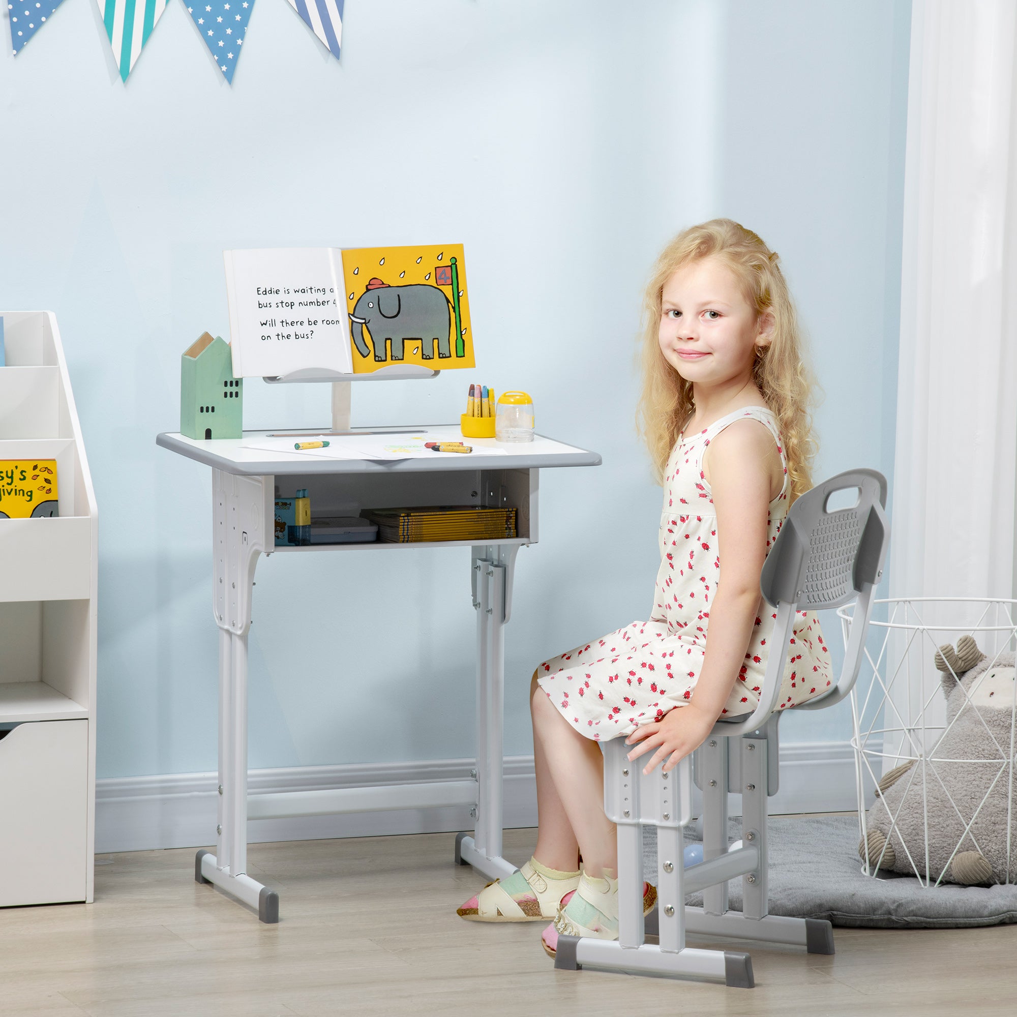 HOMCOM Kids Adjustable Desk and Chair Set, Book Stand, Pen Slot - Grey - North Peak Garden Furniture