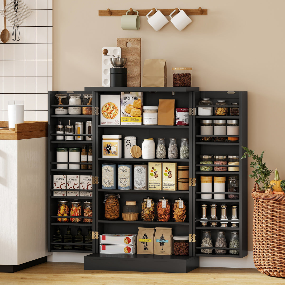 HOMCOM Kitchen Cupboard, Freestanding Multi-Storage Kitchen Pantry Cabinet with Adjustable Shelves, Black