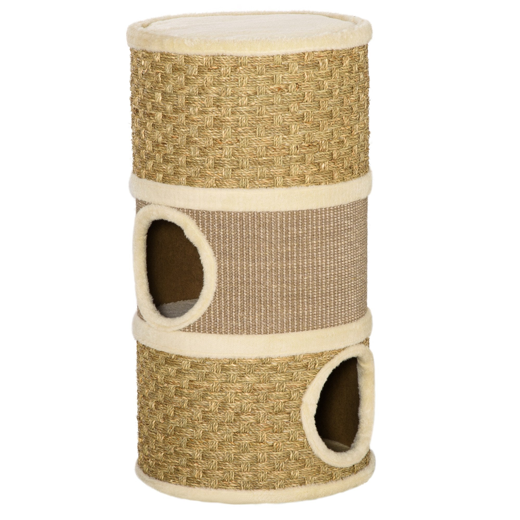 PawHut Cat Scratching Barrel Kitten Tree Tower for Indoor Cats Pet Furniture Climbing Frame Covered with Sisal and Seaweed Rope Cozy Platform Soft Plush - North Peak Garden Furniture
