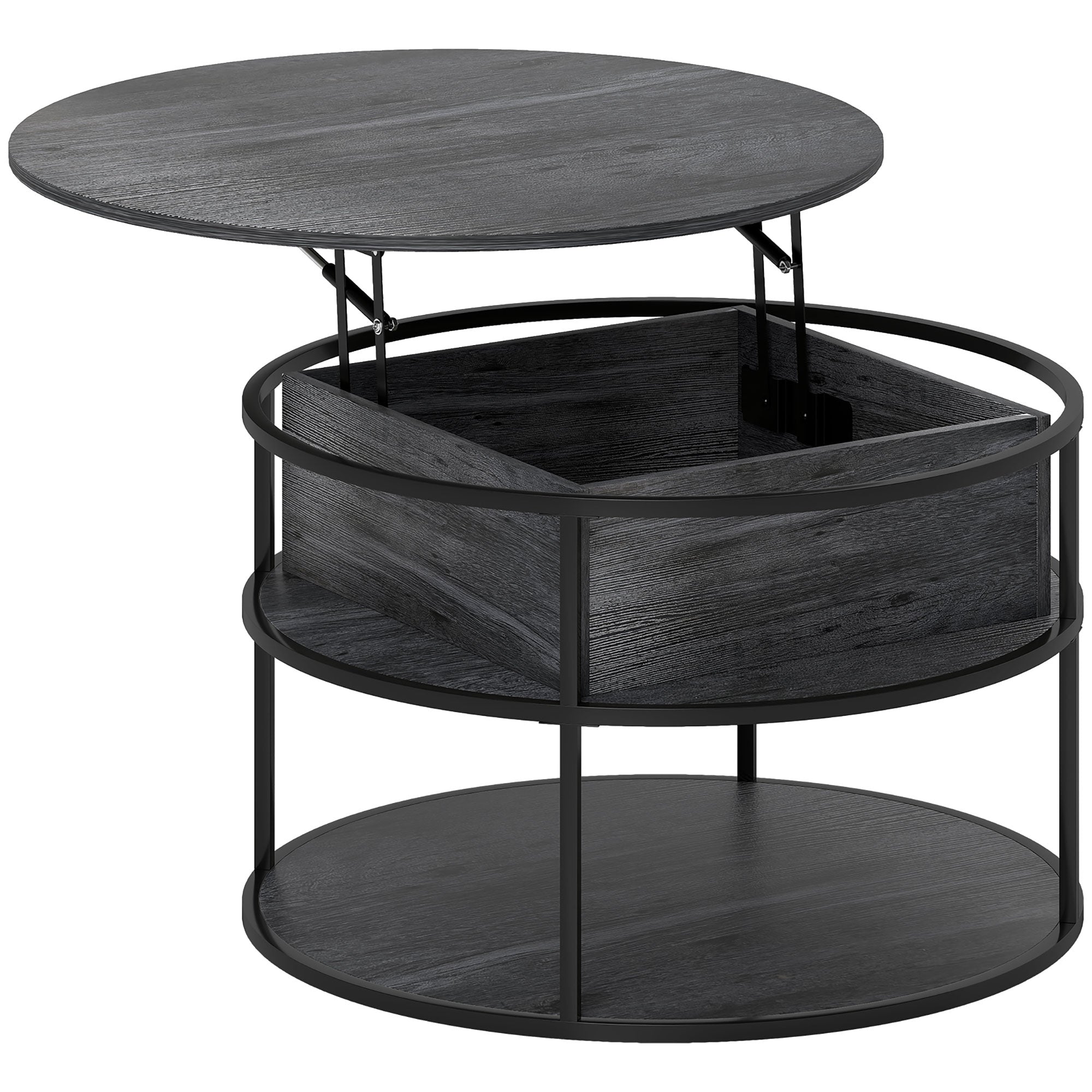 HOMCOM Lift Top Coffee Table, Round Coffee Table with Storage Shelf, Hidden Compartment and Steel Frame for Living Room, Home Office, Charcoal Grey - North Peak Garden Furniture