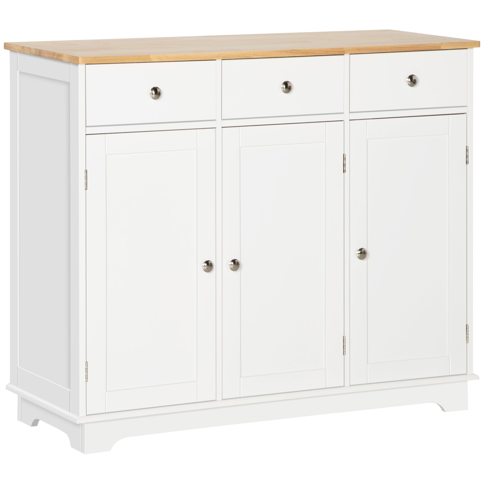 HOMCOM Modern Sideboard with Rubberwood Top, Buffet Cabinet with Storage Cabinets, Drawers and Adjustable Shelves for Living Room, Kitchen, White - North Peak Garden Furniture