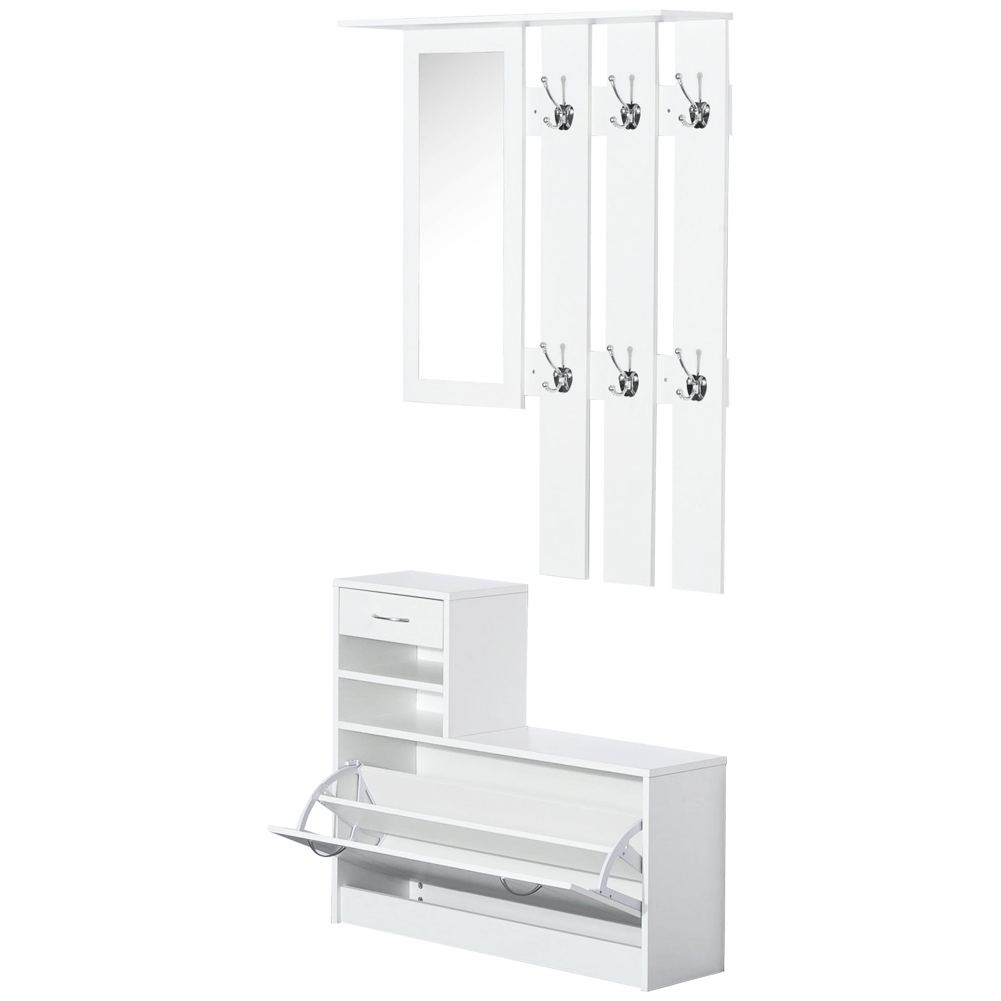 HOMCOM 2PC Shoes Storage Chest Cloths Rack Unit w/Mirror Multiple Shelves Large Storage Capacity Shoes Cabinet 6 Hooks Cloth Rack White - North Peak Garden Furniture