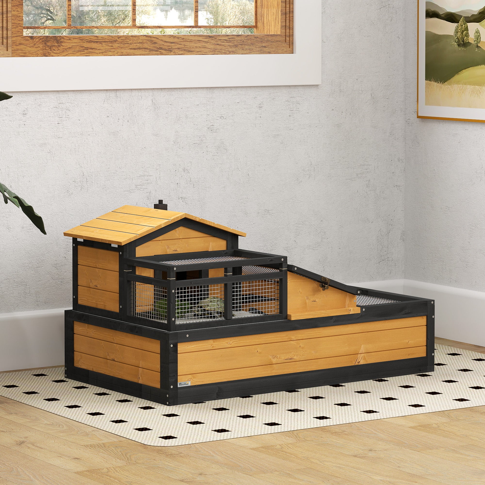 PawHut Wooden Tortoise House with Balcony, Tray, Roof, for Indoor and Outdoor, Yellow - North Peak Garden Furniture