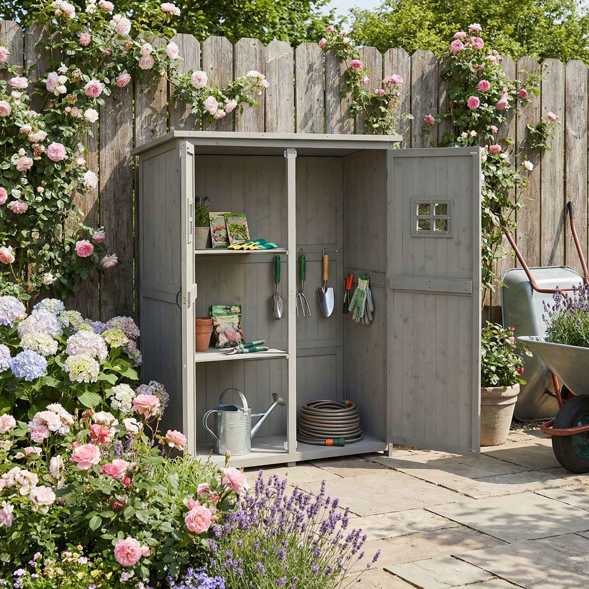 Outsunny Wooden Garden Shed with Two Windows, Tool Storage Cabinet, Outdoor Double Door Organizer 127.5L x 50W x 164H cm, Grey