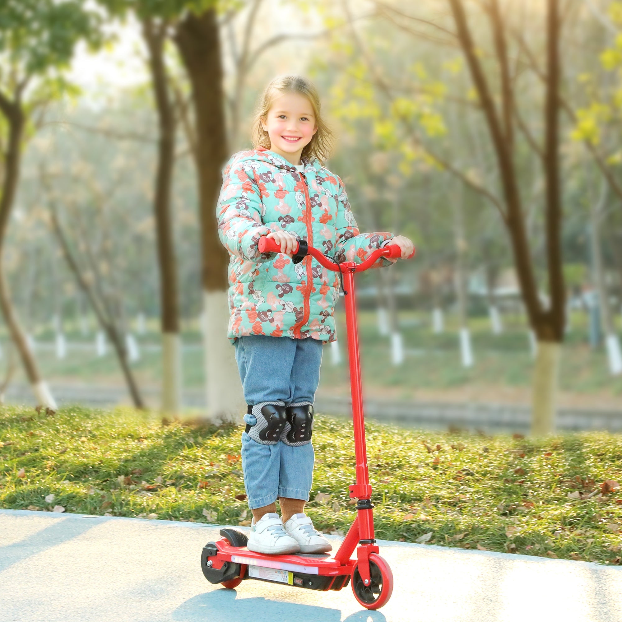 AIYAPLAY Electric Scooter for Ages 6-14, with Colourful Light and Electric Brake, Electric Scooter E Scooter, Up to 10 KM/H & 8 KM, Red - North Peak Garden Furniture