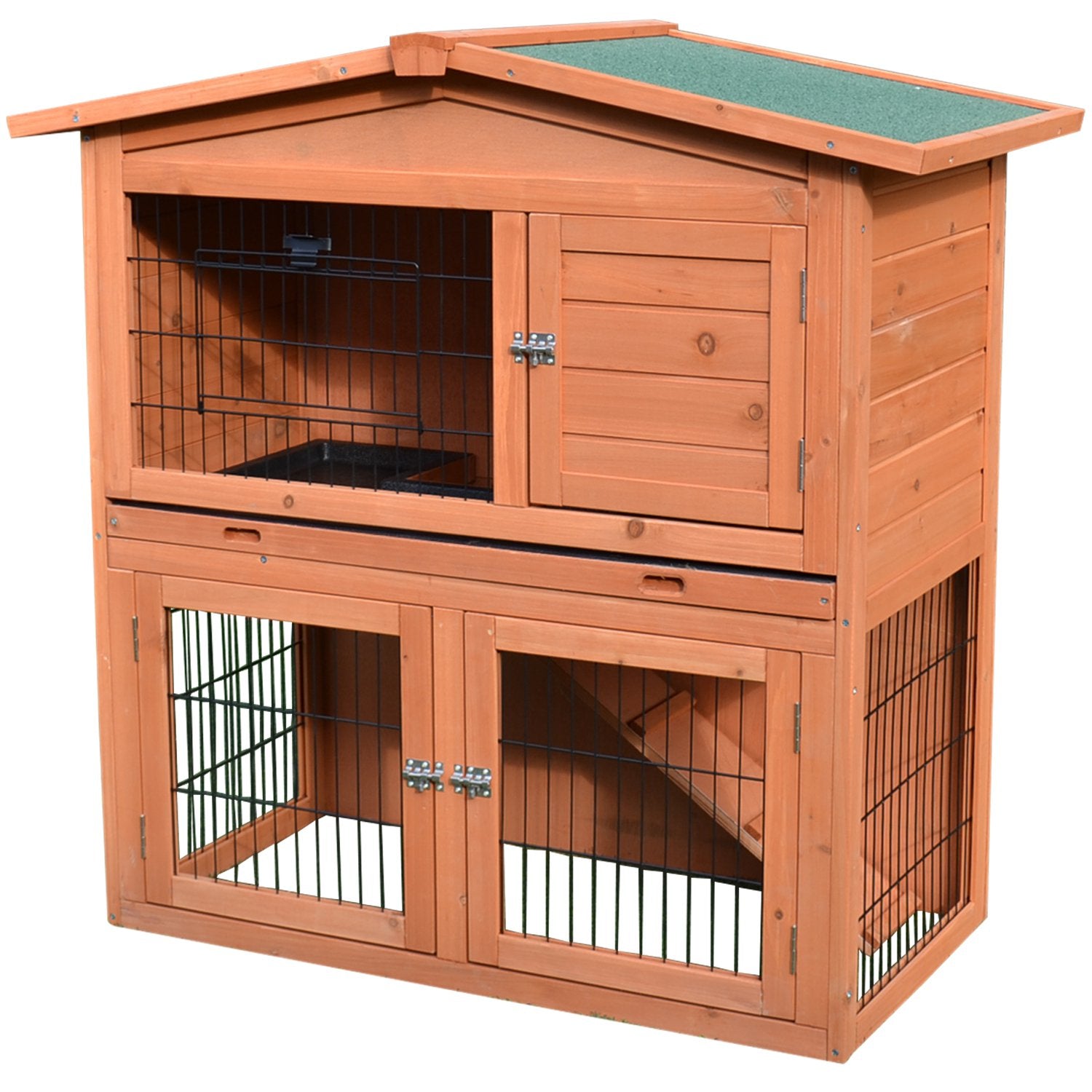 PawHut 2 Tier Rabbit Hutch Guinea Pig Hutch Ferret Cage with Ramp Slide Out Tray for Indoor Outdoor 100.5 x 55 x 101 cm - North Peak Garden Furniture