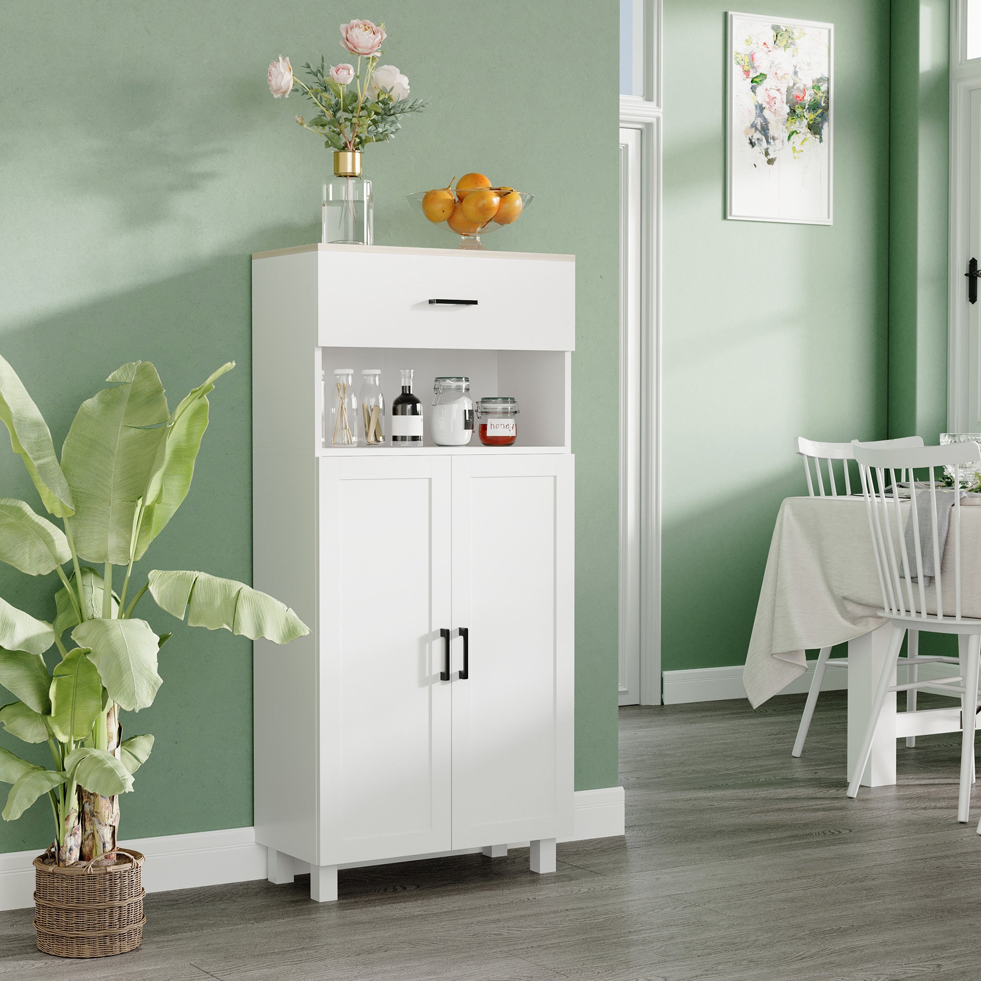 HOMCOM Freestanding Kitchen Cupboard, Nordic Storage Cabinet with Drawer, Doors and Open Countertop for Living & Dining Room, 130cm, White - North Peak Garden Furniture