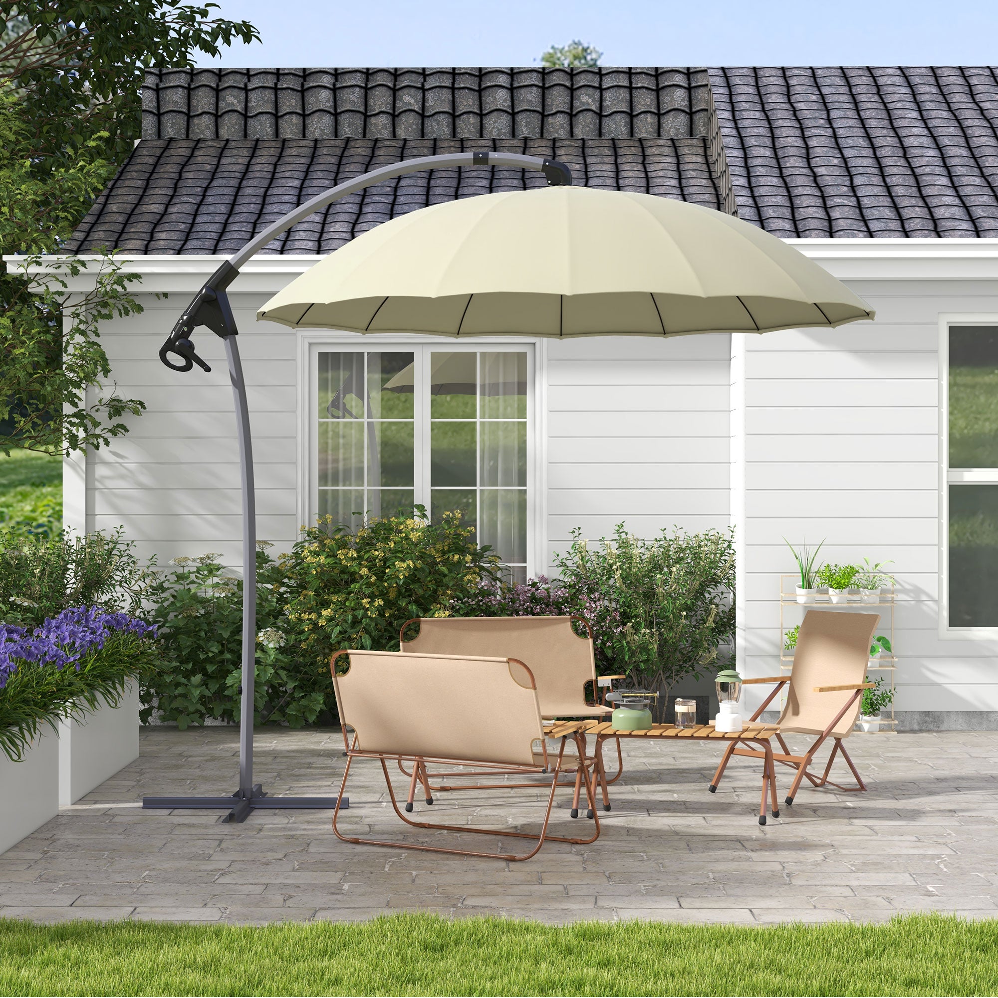 Outsunny 2.7m Cantilever Parasol, with Cross Base - Beige - North Peak Garden Furniture