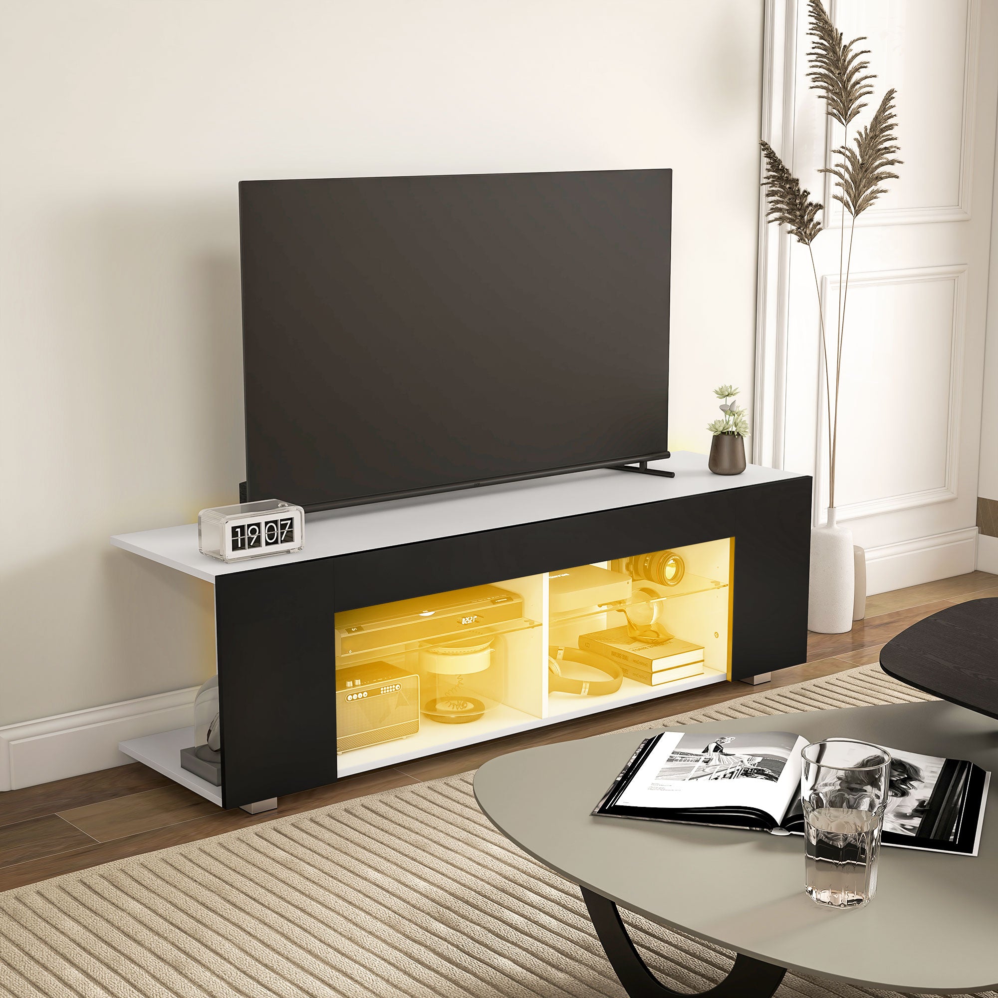 HOMCOM Multi-Shelf TV Cabinet, with Adjustable LED Lights - Black - North Peak Garden Furniture