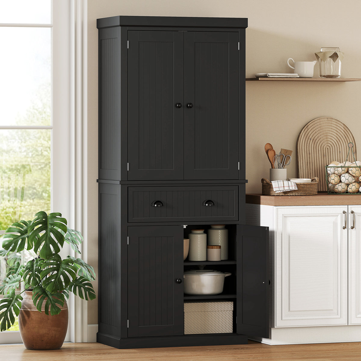 HOMCOM Kitchen Storage Cabinet with Drawer and Adjustable Shelves - Black