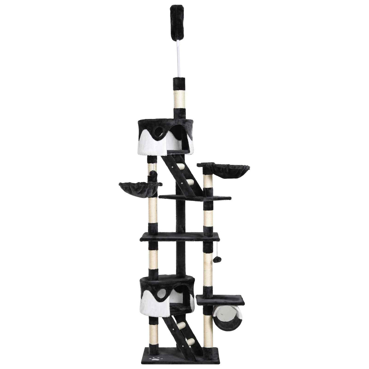 PawHut Floor-to-Ceiling Cat Tree for Indoor Cats, 240-260cm Adjustable Cat Tree - Dark grey