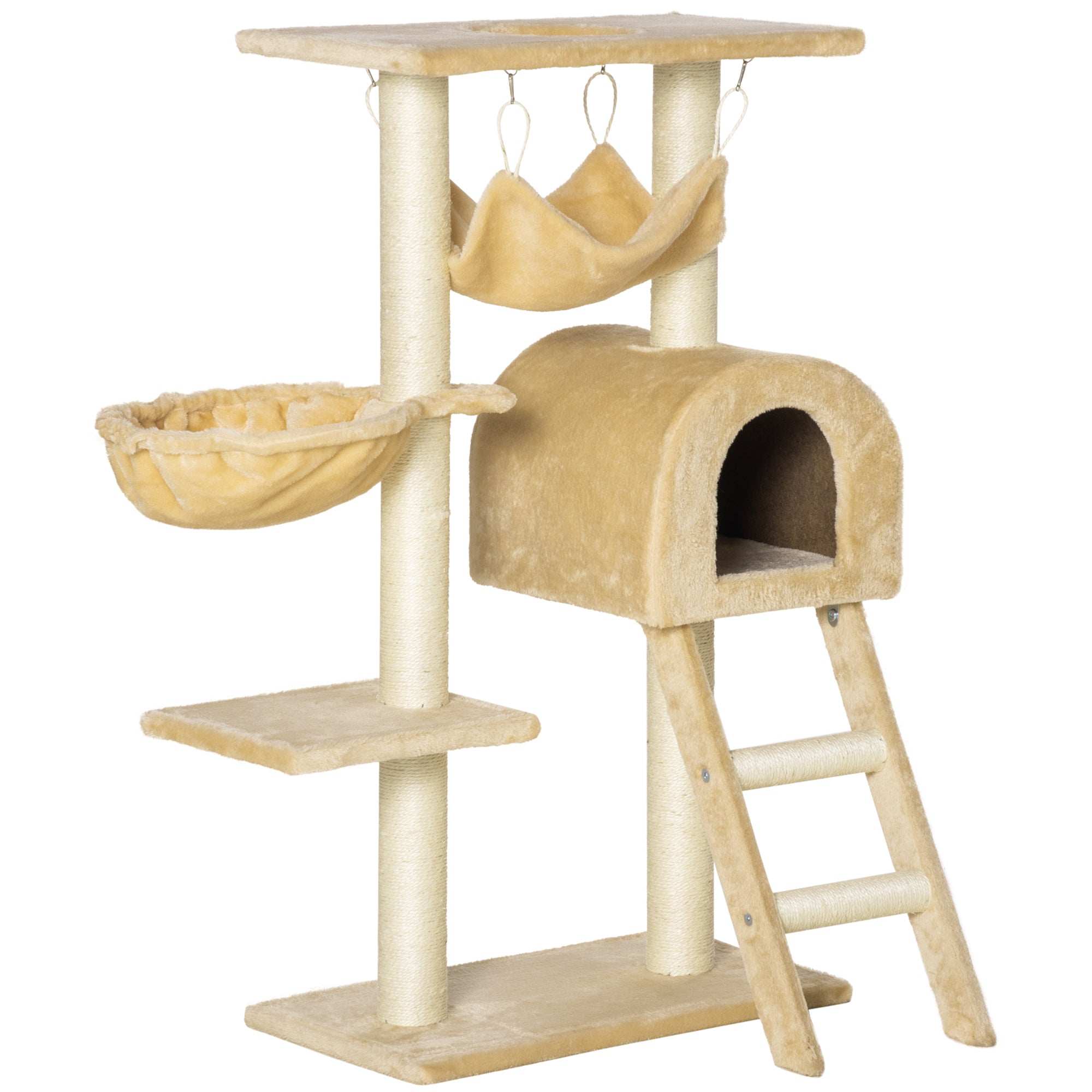 PawHut Cat Tree Tower for Indoor Cats Kitten Activity Centre Scratching Post w/ Hammock House Basket Ladder - Beige - North Peak Garden Furniture