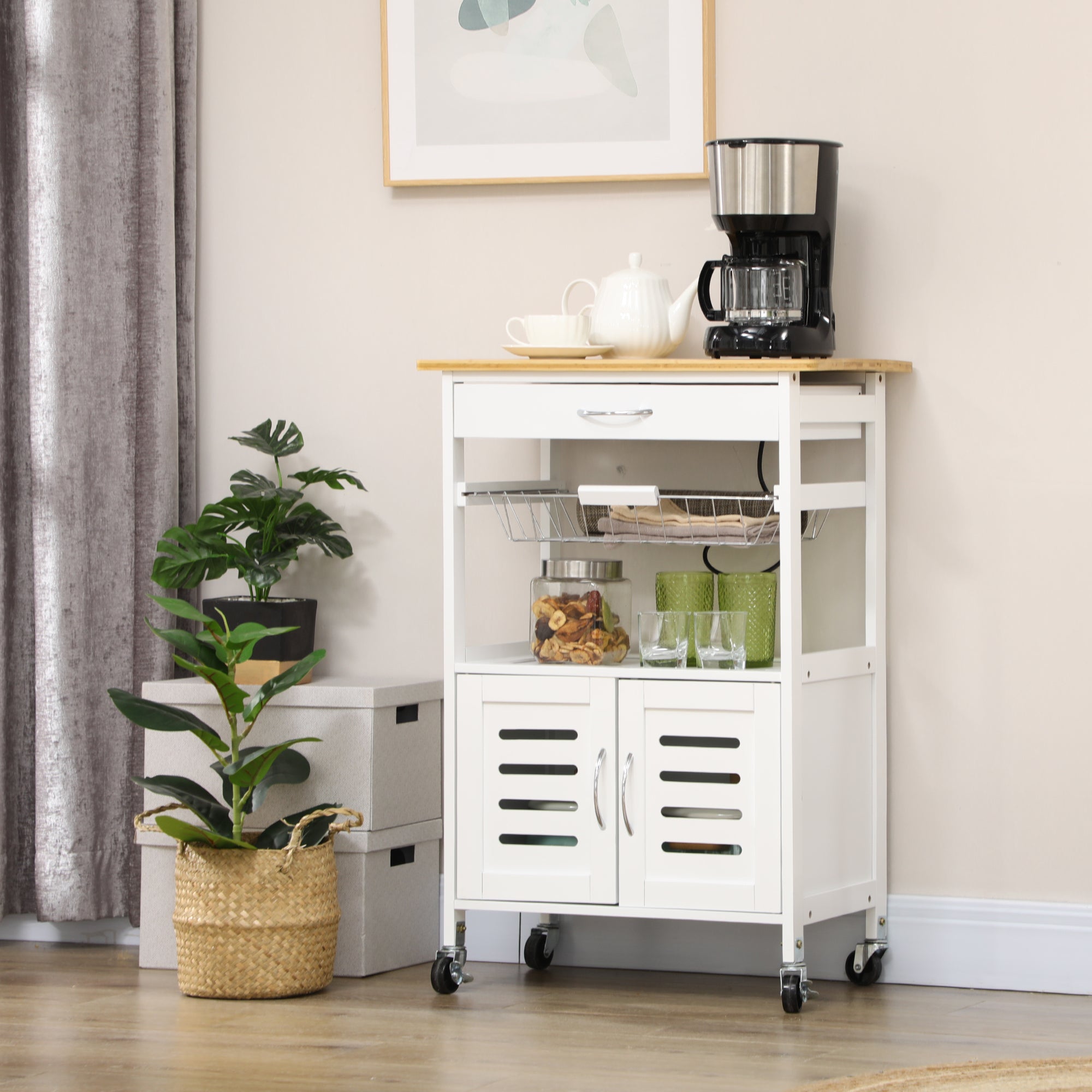 HOMCOM Rolling Kitchen Island Trolley Utility Cart on Wheels with Bamboo Table Top, Storage Cabinet, Drawer and Wire Basket - North Peak Garden Furniture
