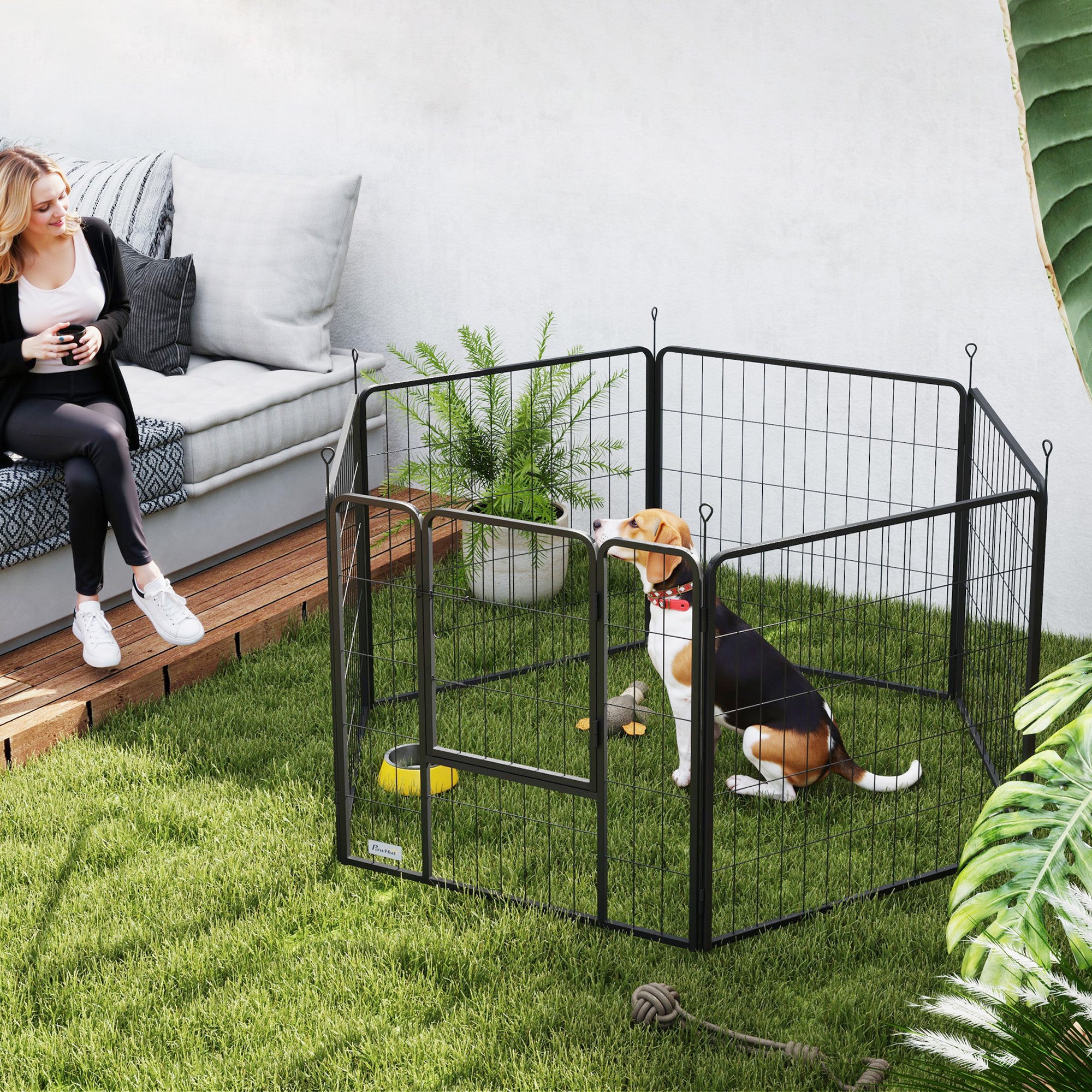PawHut 6 Panels Dog Playpen, Portable Detachable Puppy Pen with Door, for Medium Dogs, 80cm High, Black - North Peak Garden Furniture