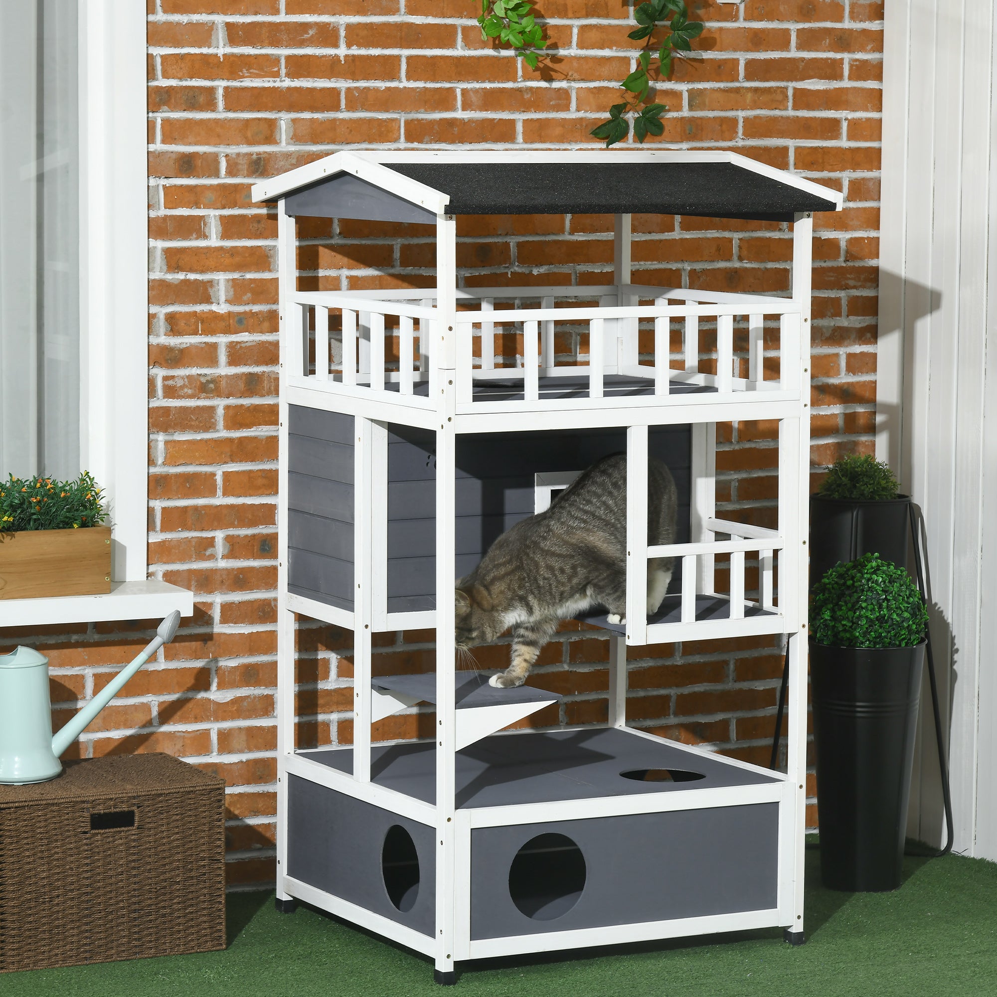 PawHut Wooden Outdoor Cat House 3-Tier for Winter Kitten Shelter Lodge w/ Tilted Roof Terrace Jump Step Bottom Tray Elevated Base Waterproof Paint Grey - North Peak Garden Furniture