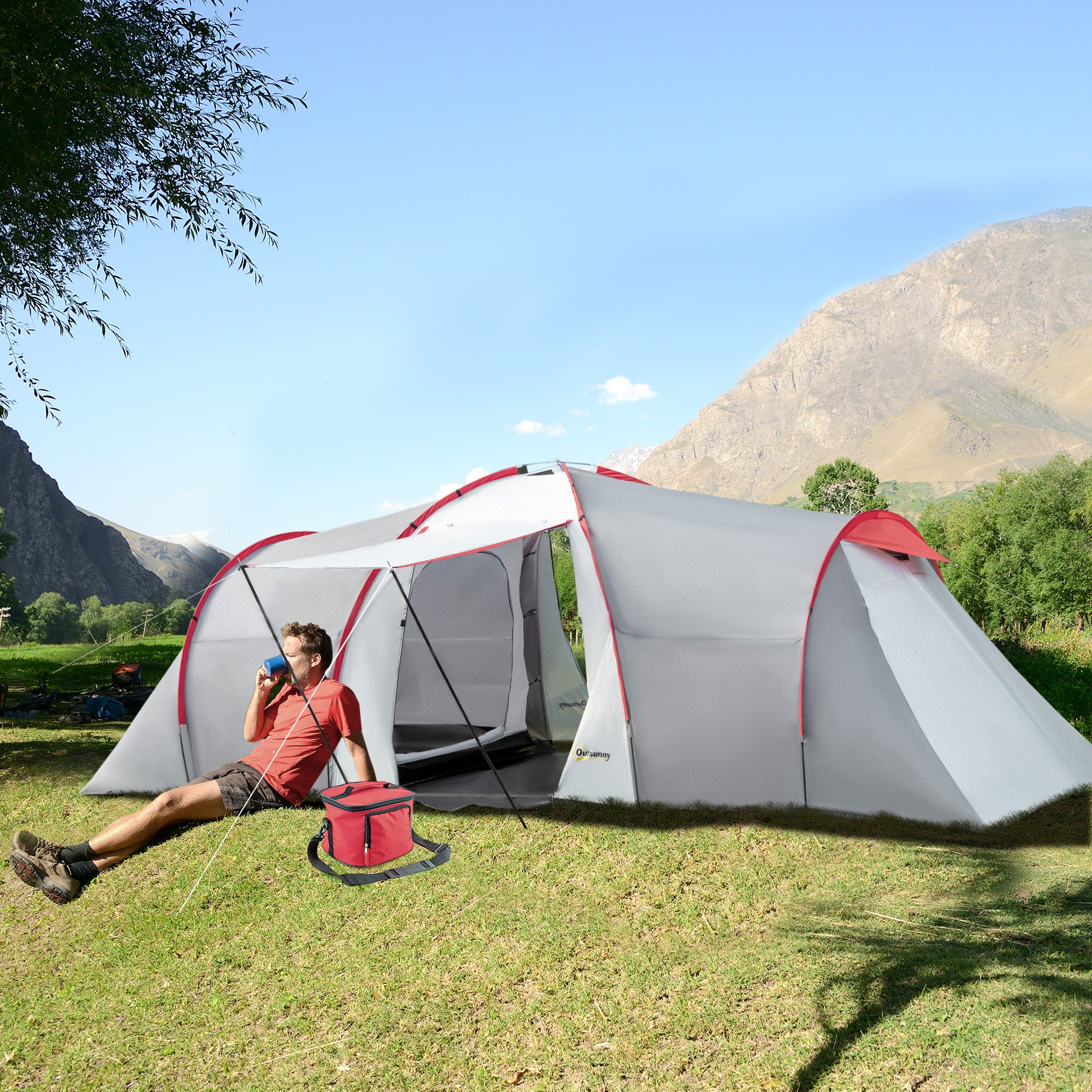 Outsunny Four-Man Tunnel Tent, with Two Bedrooms and Living Room - Grey/Red - North Peak Garden Furniture