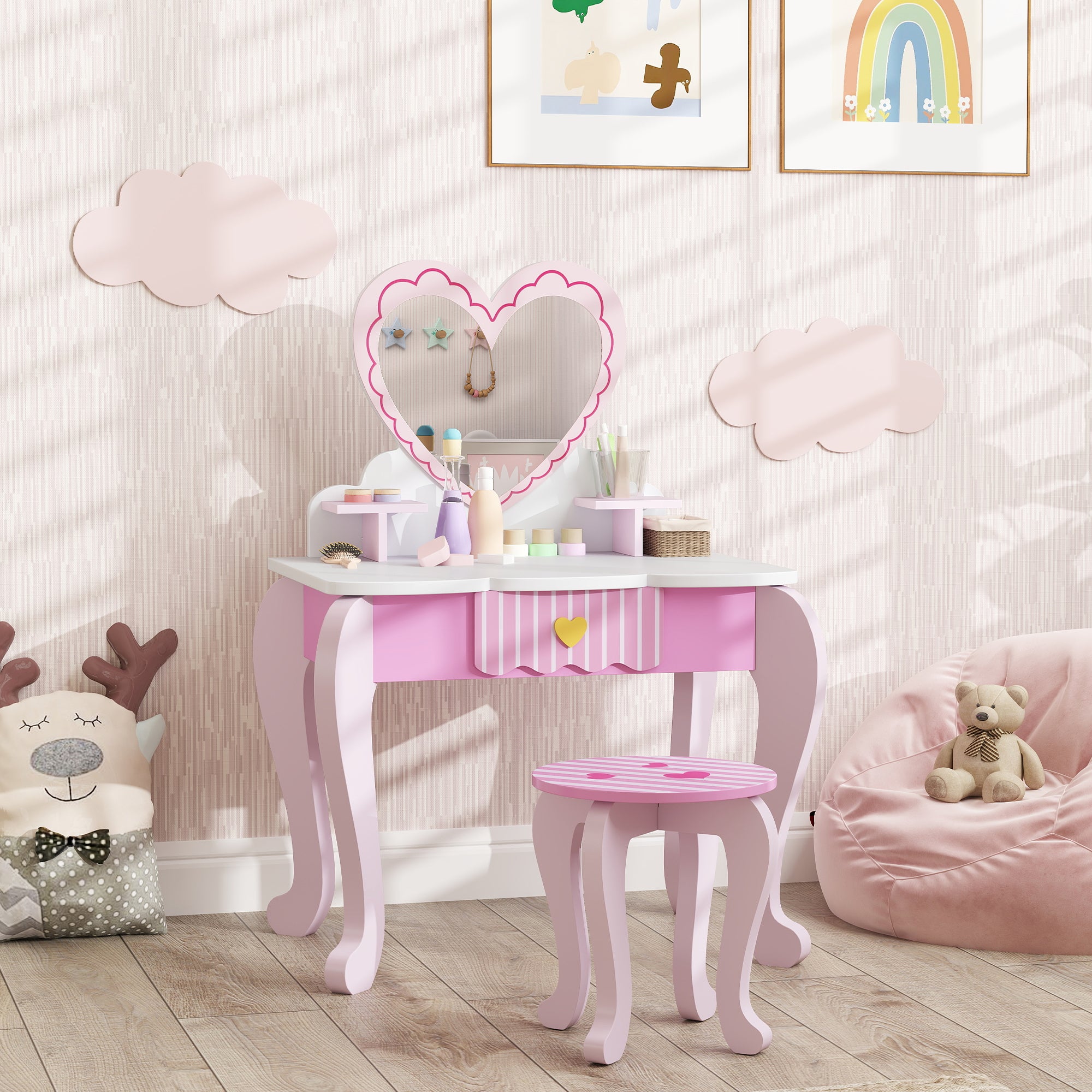 AIYAPLAY Kids Dressing Table Set, Vanity Table with Stool, Mirror, Drawer, Desktop Storage, Heart Theme, Pink - North Peak Garden Furniture
