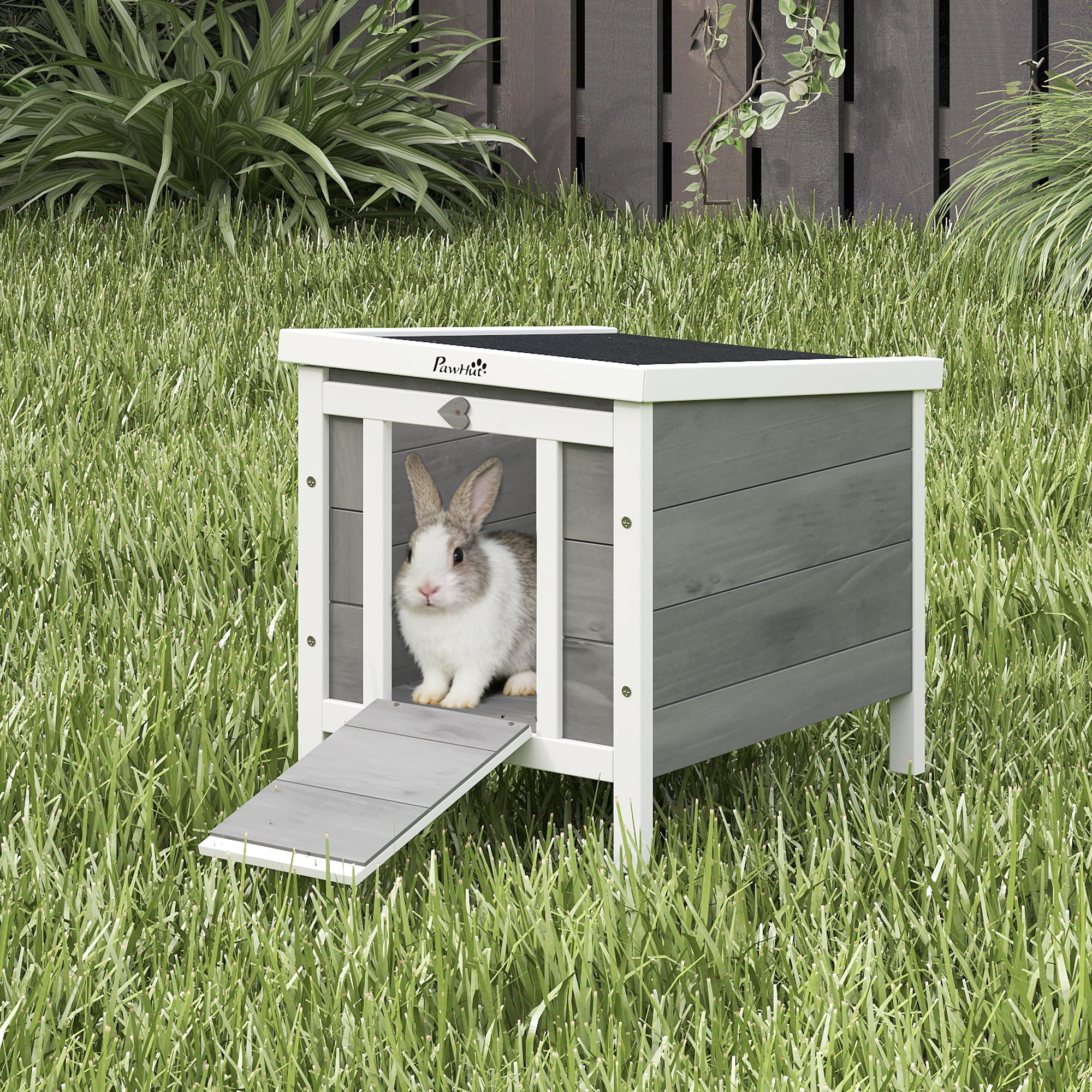 PawHut Wooden Rabbit Hutch Outdoor, Guinea Pig Hutch, Rabbit Hideaway, Cat House, Bunny Cage Small Animal House 51 x 42 x 43 cm, Grey