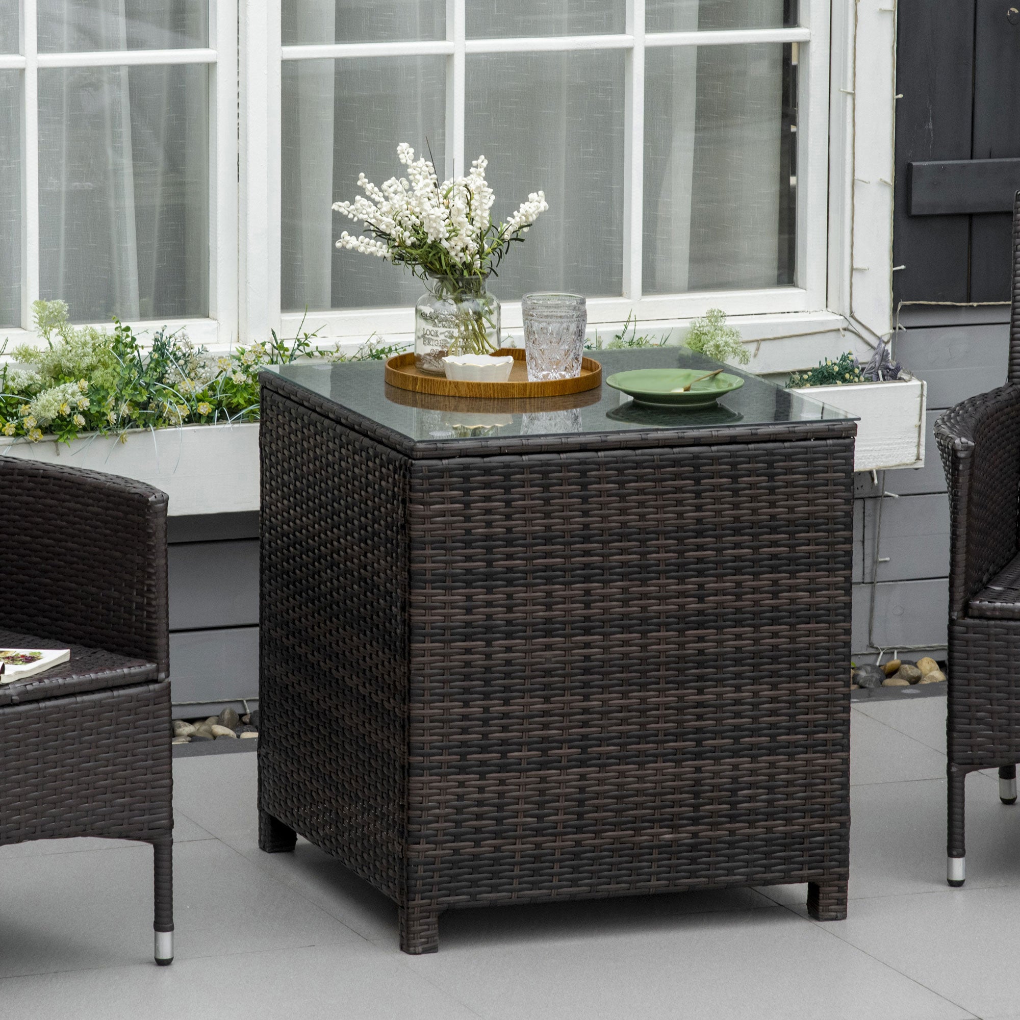Outsunny Rattan Garden Furniture Side Table Patio Frame Tempered Glass New - Brown - North Peak Garden Furniture