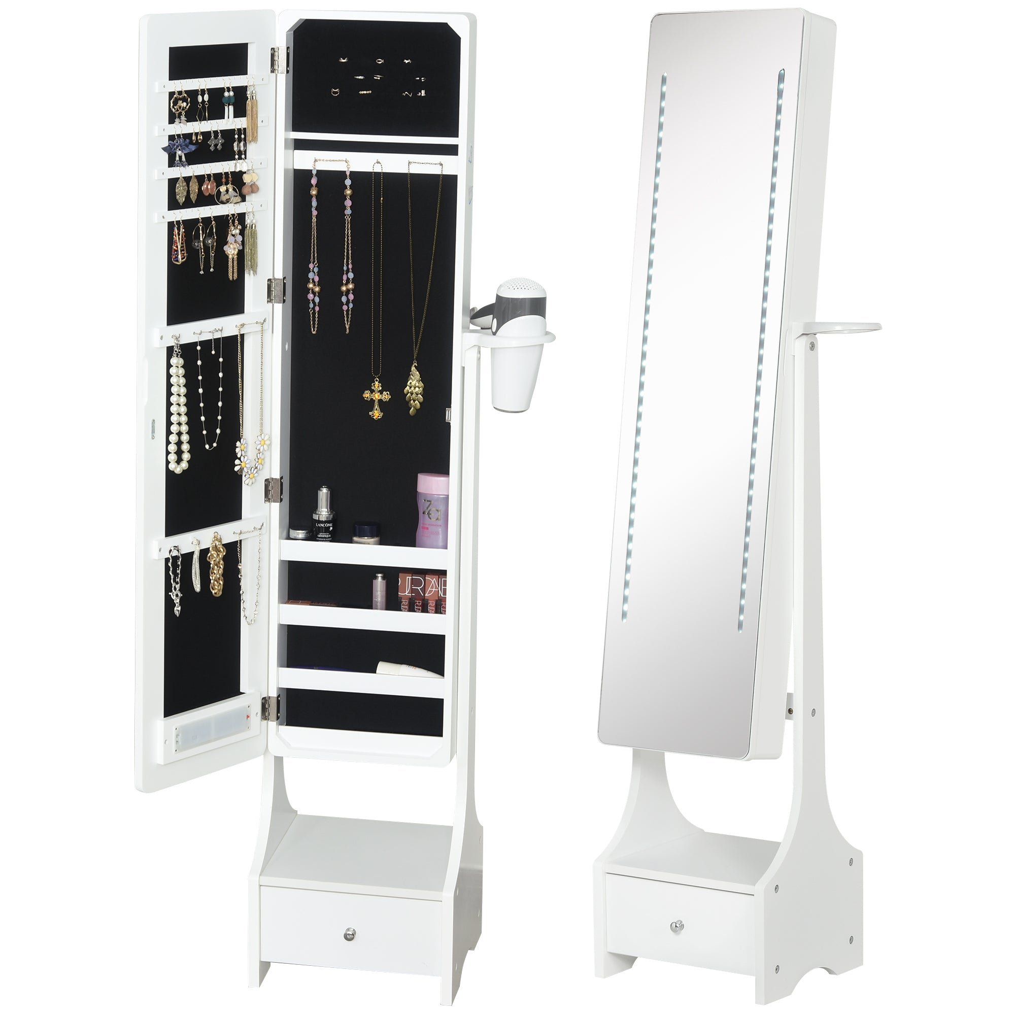 HOMCOM Jewellery Cabinet, Full Length Mirror with Storage, Free Standing Mirror with LED Lights, Hooks, Drawer and Hairdryer Holder for Bedroom, White - North Peak Garden Furniture