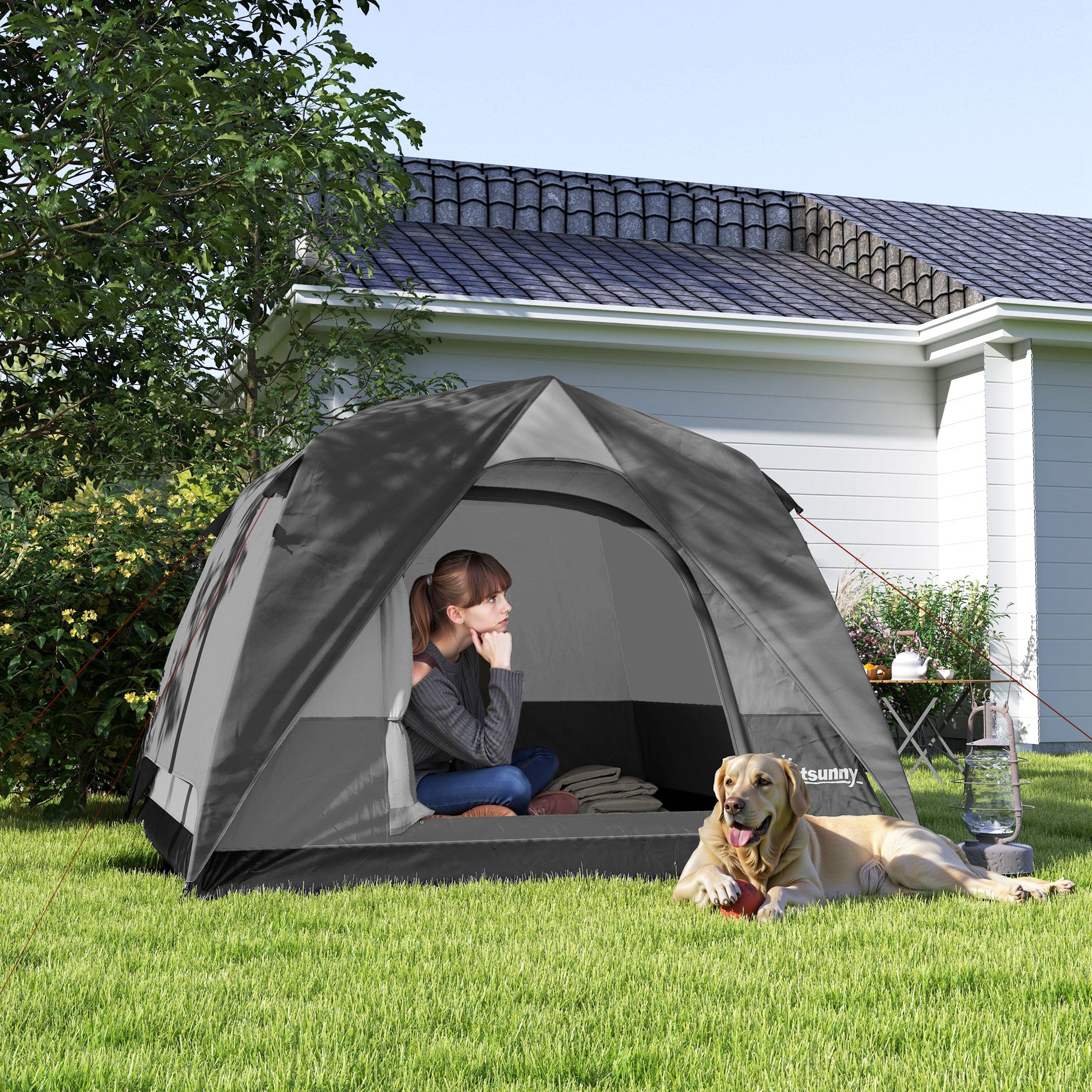 Outsunny 3-4 Person Camping Tent, Easy Set Up 3-4 Man Tent w/ Sewn-in Groundsheet, Waterproof Dome Tent w/ Mesh Windows, Grey