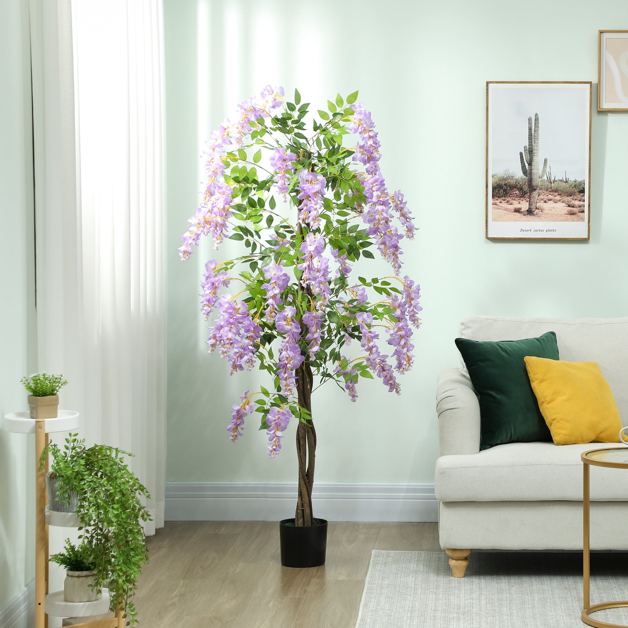 HOMCOM Artificial Wisteria Flower, Tall Fake Plant with 756 Leaves and 54 Flowers in Pot, Decorative Artificial Plant for Home Indoor Decor, 180 cm, Purple - North Peak Garden Furniture