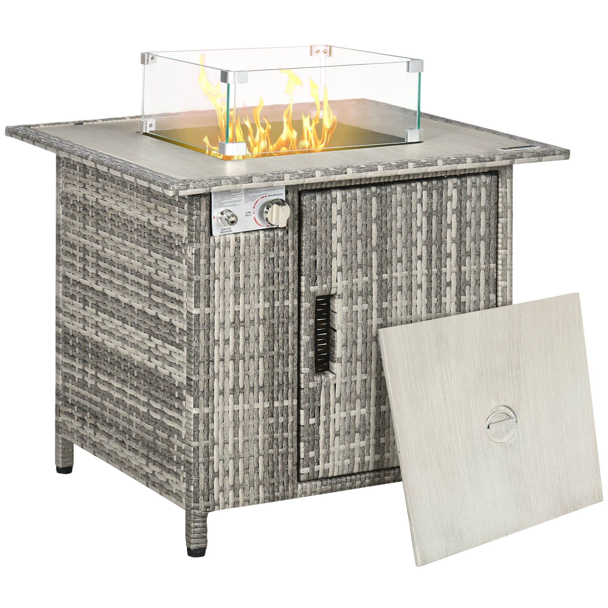 Outsunny Outdoor PE Rattan Gas Fire Pit Table, Patio Square Propane Heater with Rain Cover, Glass Windscreen, and Lava Stone, 50,000 BTU, Grey - North Peak Garden Furniture
