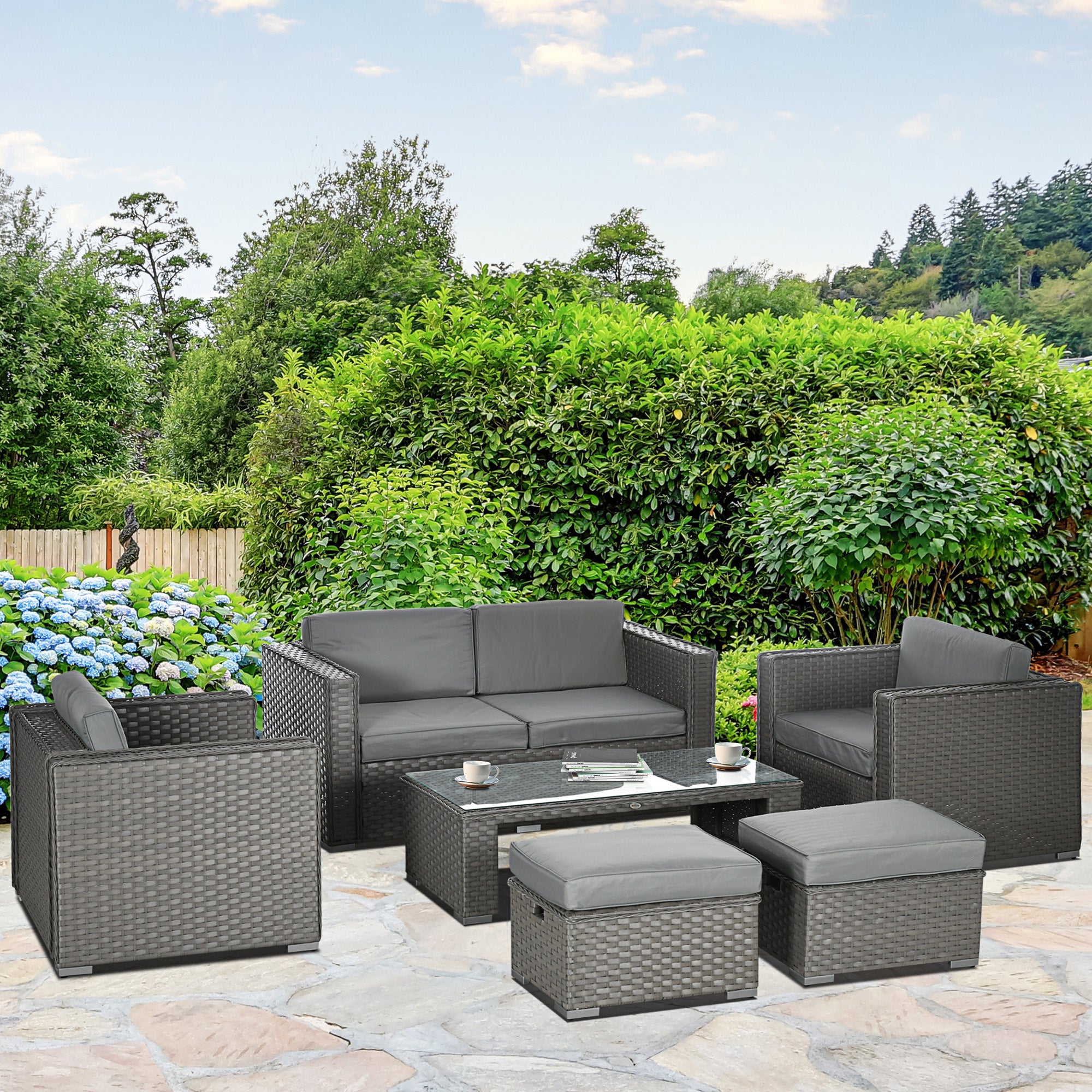 Outsunny 6PC Garden Rattan Sofa Set Bonzer Outdoor Furniture Patio Table Loveseat Stool Lounging Ottoman Aluminium Frame Wicker Weave Conservatory Grey - North Peak Garden Furniture