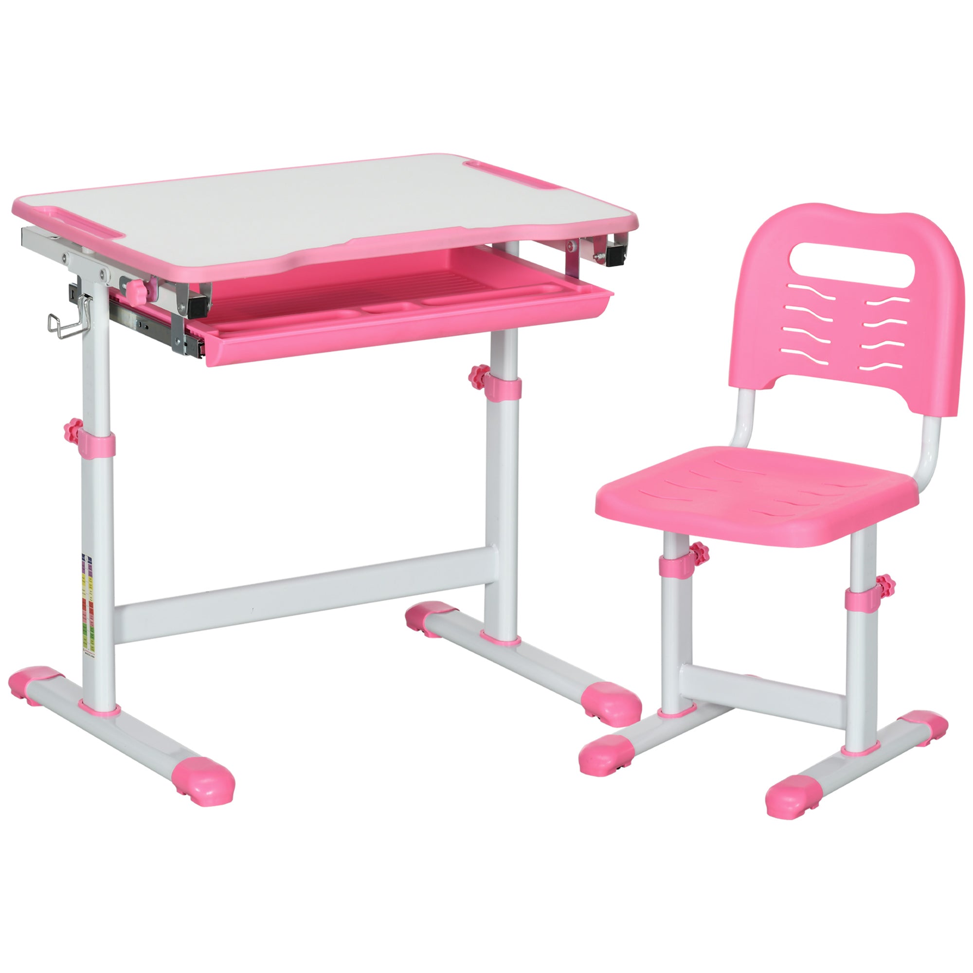 HOMCOM Kids Desk and Chair Set, Student Adjustable Writing Desk, with Drawer, Pen Slot, Hook - Pink - North Peak Garden Furniture