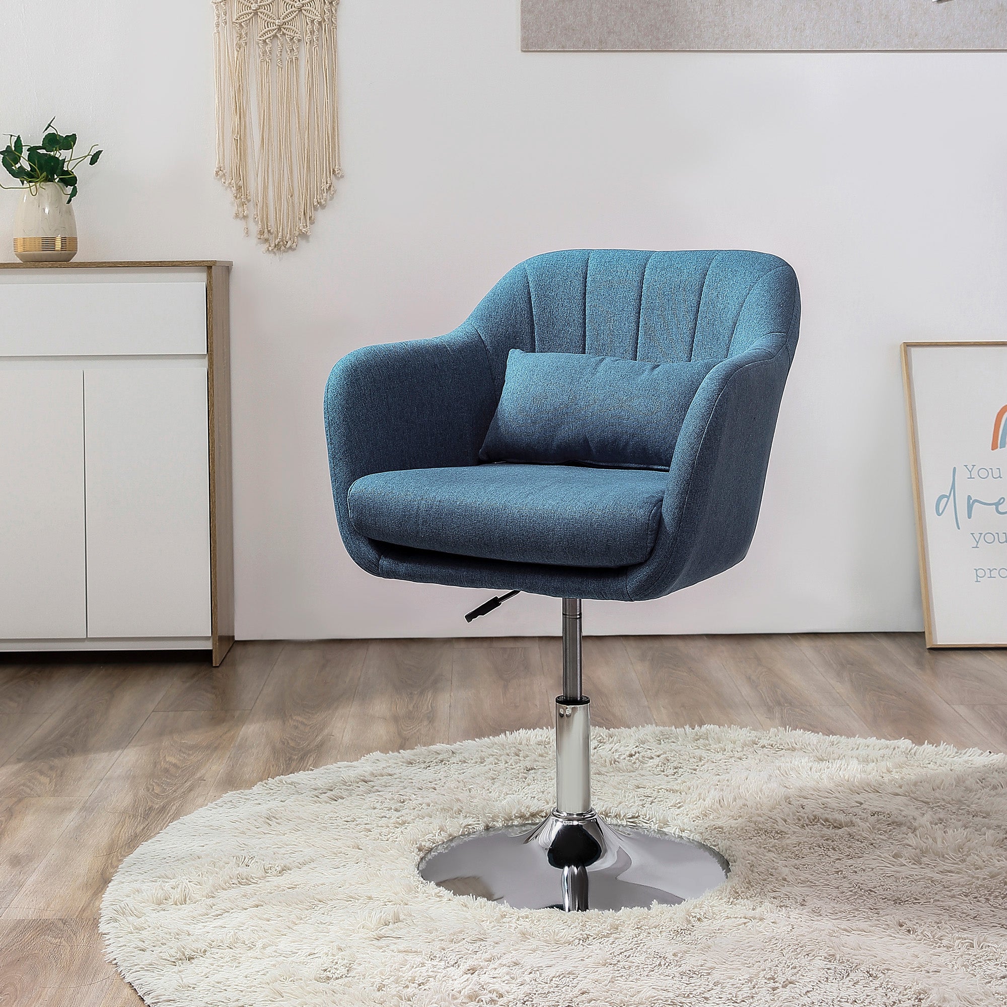 HOMCOM Swivel Linen Fabric Accent Chair for Living Room Contemporary Vanity Armchair with Adjustable Height Thick Cushion Lumbar Support Armrest for Bedroom Office Blue - North Peak Garden Furniture