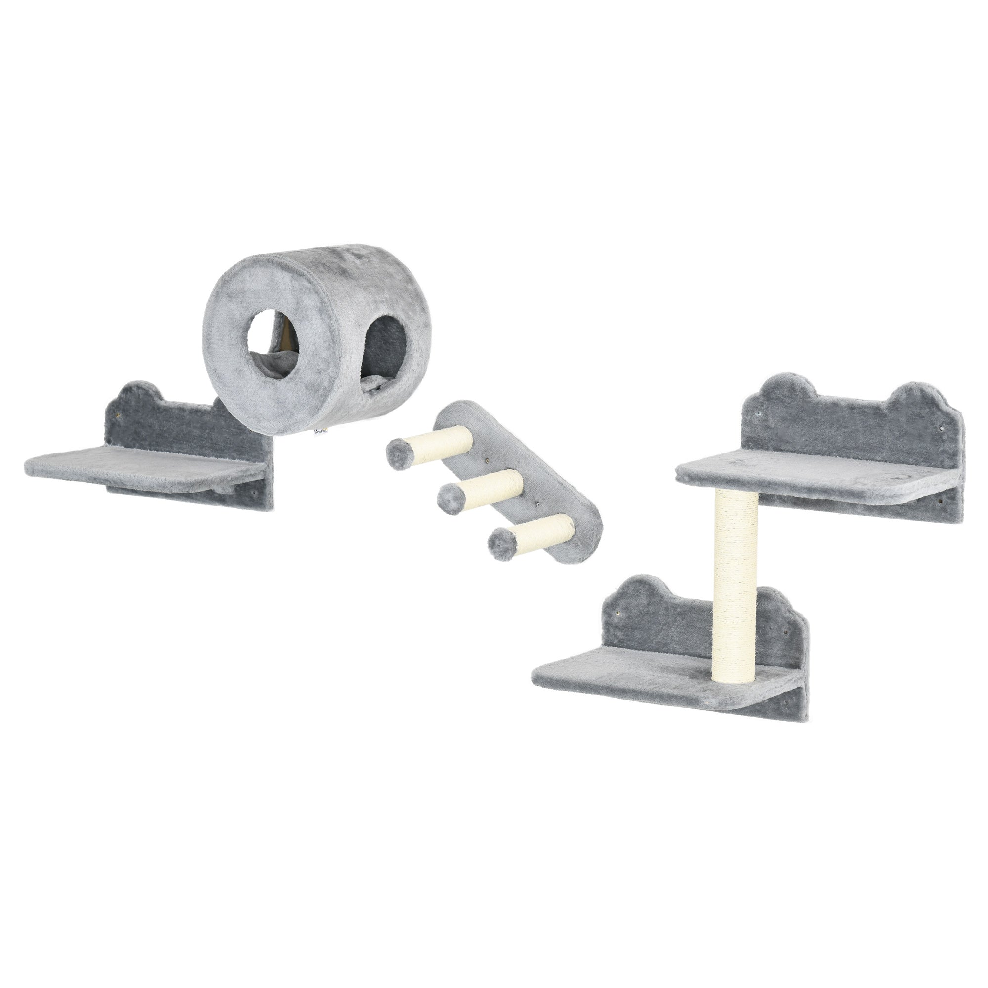 PawHut 4PCs Wall-Mounted Cat Tree, with Steps, Perch, Cat House - Grey - North Peak Garden Furniture