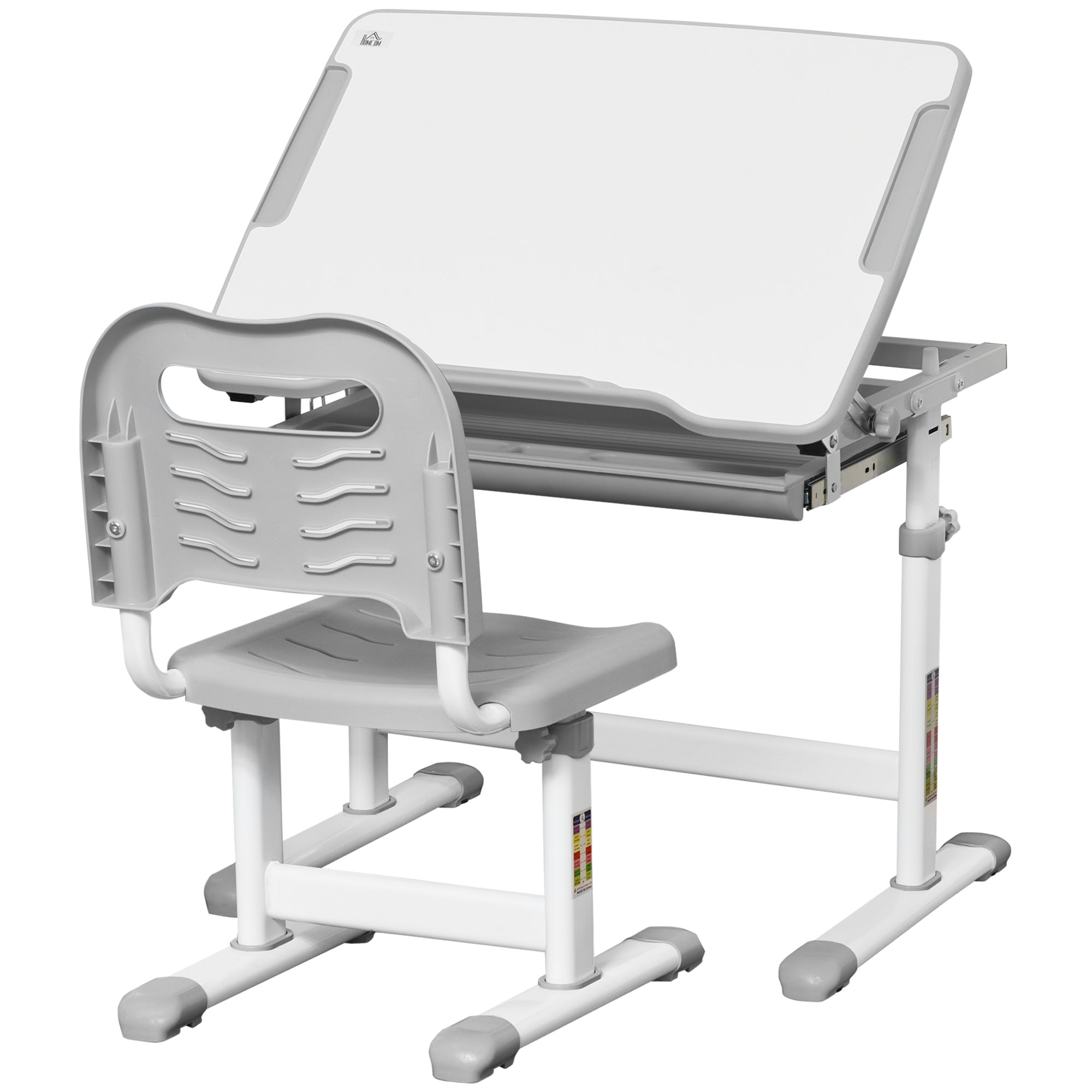 HOMCOM Kids Desk and Chair Set, Student Adjustable Writing Desk, with Drawer, Pen Slot, Hook - Grey - North Peak Garden Furniture