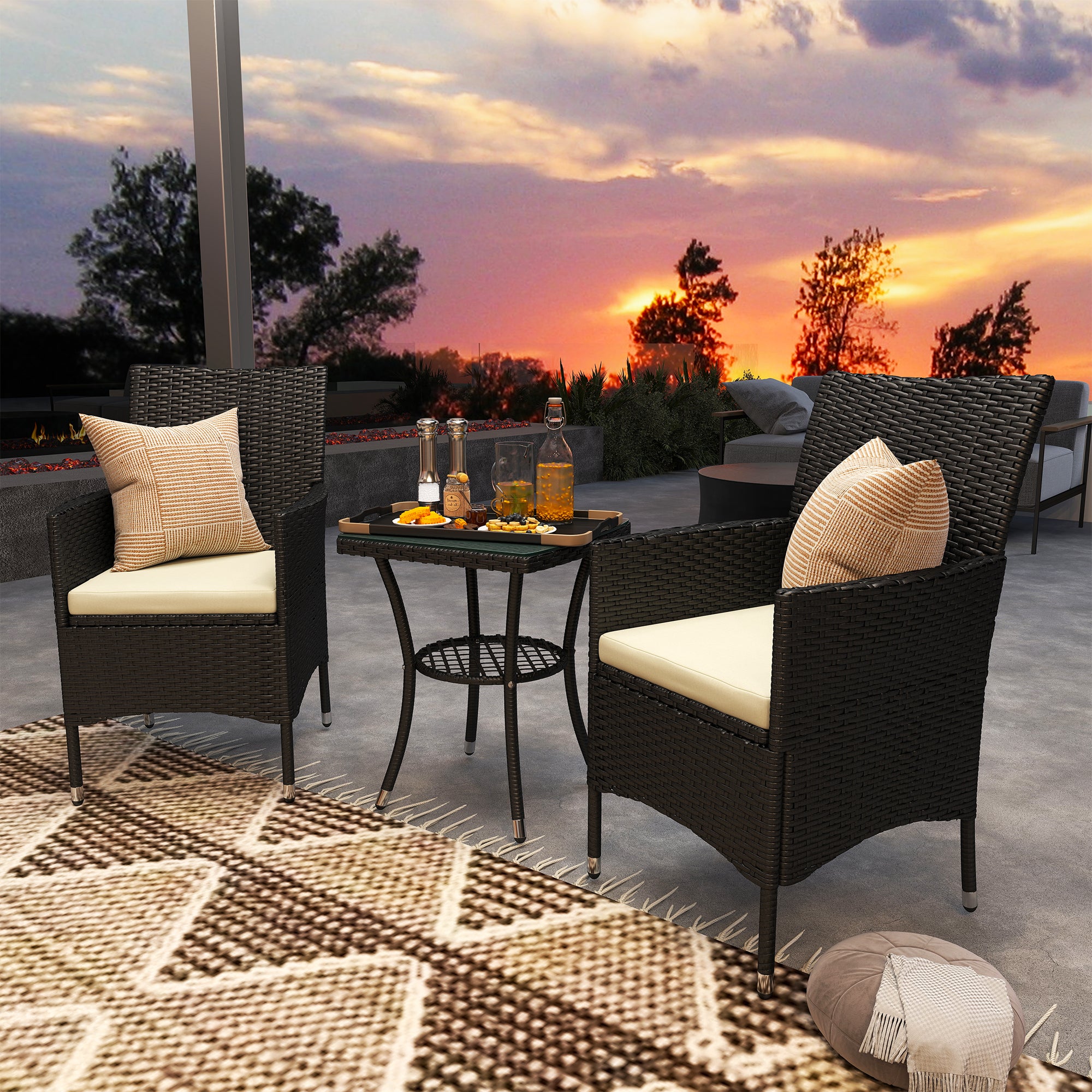 Outsunny 3 Pieces Rattan Bistro Set, Wicker Garden Furniture Set with 2-Tier Coffee Table and Chairs, Cushions, for Outdoor Patio Balcony, Black - North Peak Garden Furniture