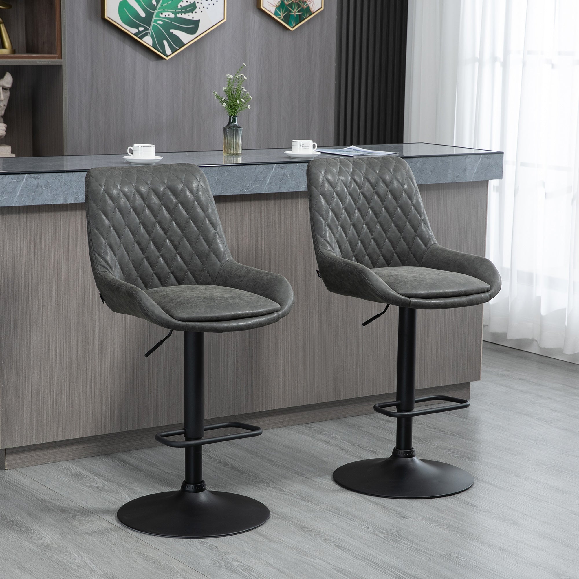 HOMCOM Retro Bar Stools Set of 2, Adjustable Kitchen Stool, Upholstered Bar Chairs with Back, Swivel Seat, Dark Grey - North Peak Garden Furniture