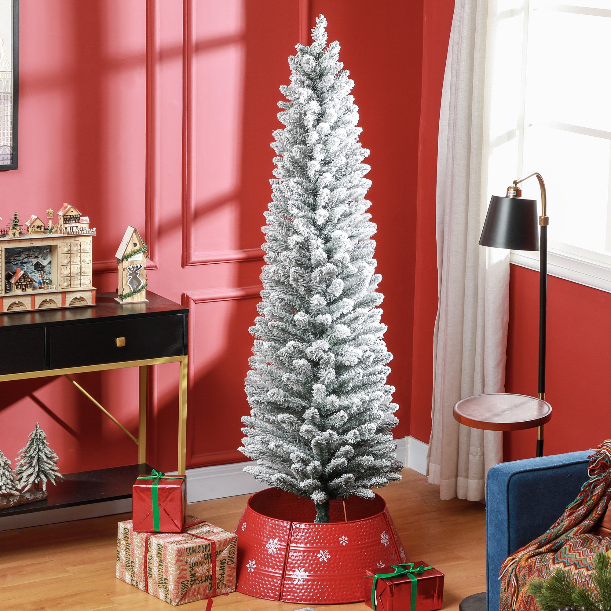 HOMCOM 6ft Artificial Snowy Pencil Christmas Tree - Green - North Peak Garden Furniture